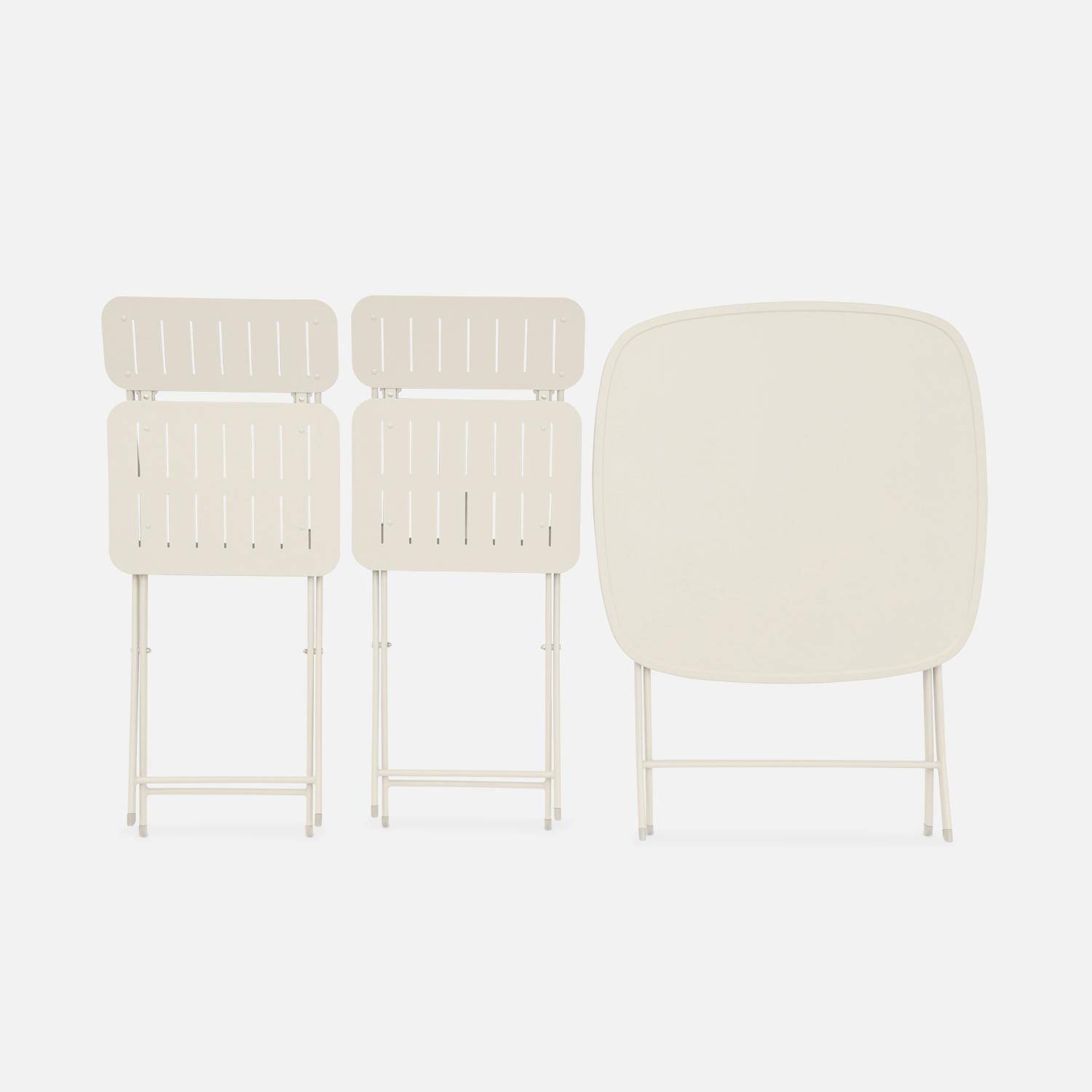 Table de jardin type bistrot pliable blanc cassé avec 2 chaises également pliables en acier galvanisé robuste,sweeek,Photo4