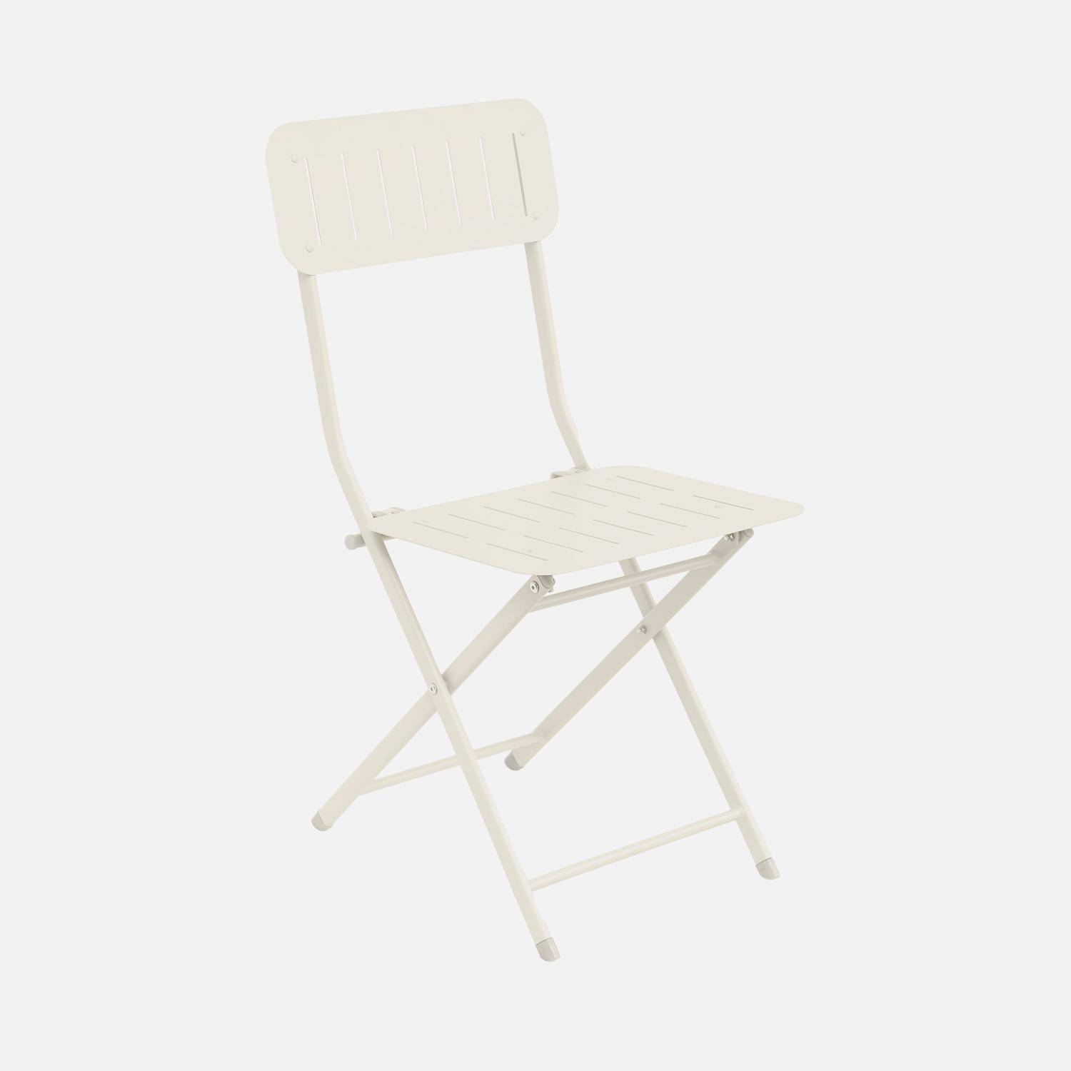 Mesa de jardín plegable tipo bistrot de color blanco roto con 2 sillas plegables de acero galvanizado resistente Photo3