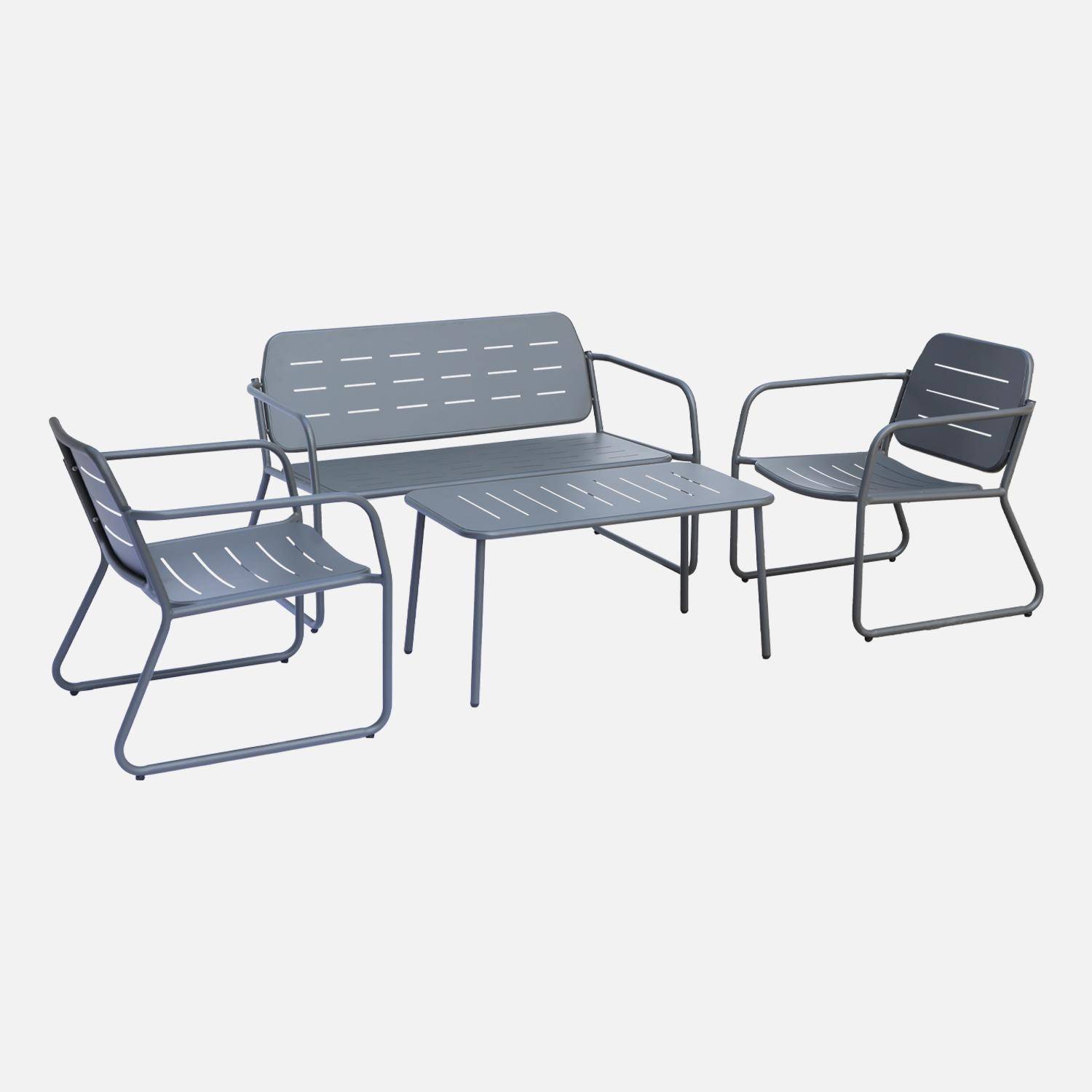 Salon de jardin en métal anthracite, 4 places, 1 canapé, 2 fauteuils, 2 table basse Photo1