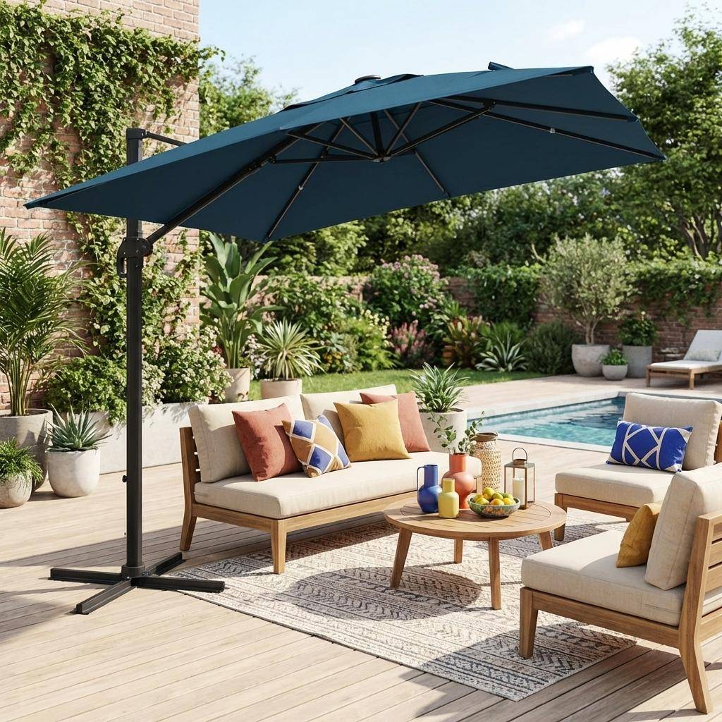 3x3m, Luce, eend blauwe LED parasol op zonne-energie met geïntegreerd licht + hoes Photo1