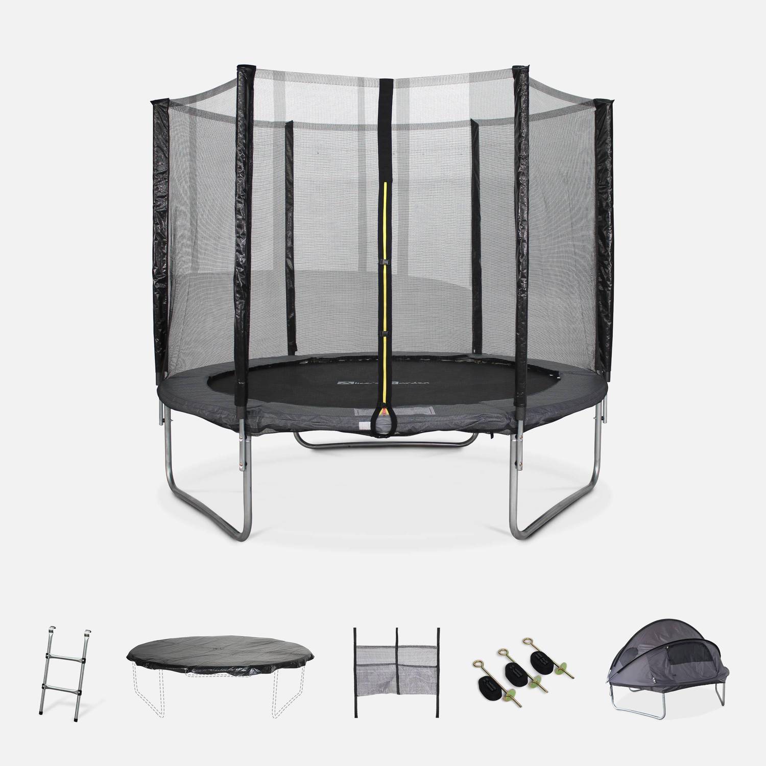 Trampoline 250cm gris avec pack d'accessoires + Tente de camping avec sac de transport Photo1