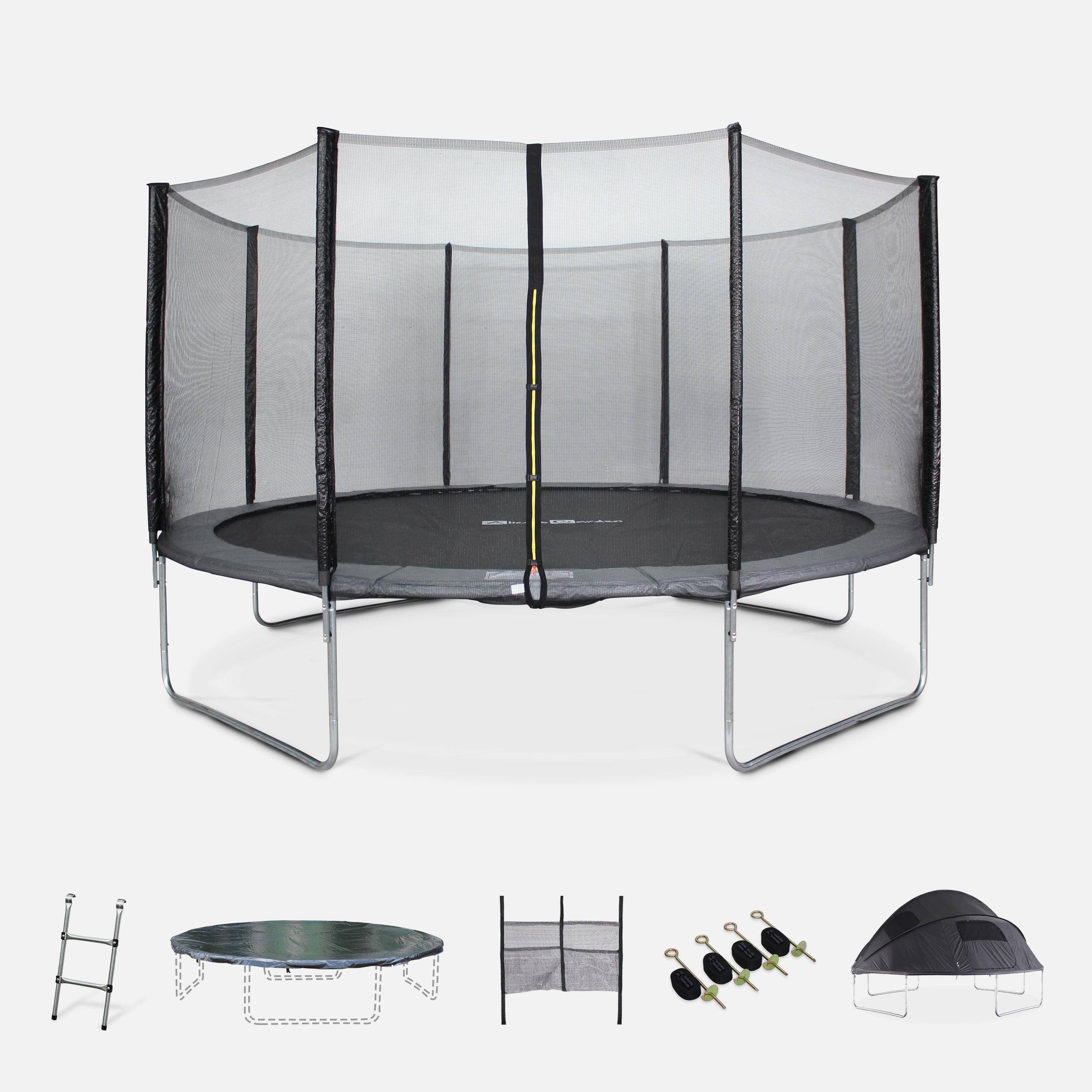 430cm grijze trampoline met accessoires + kampeertent met draagtas Photo1