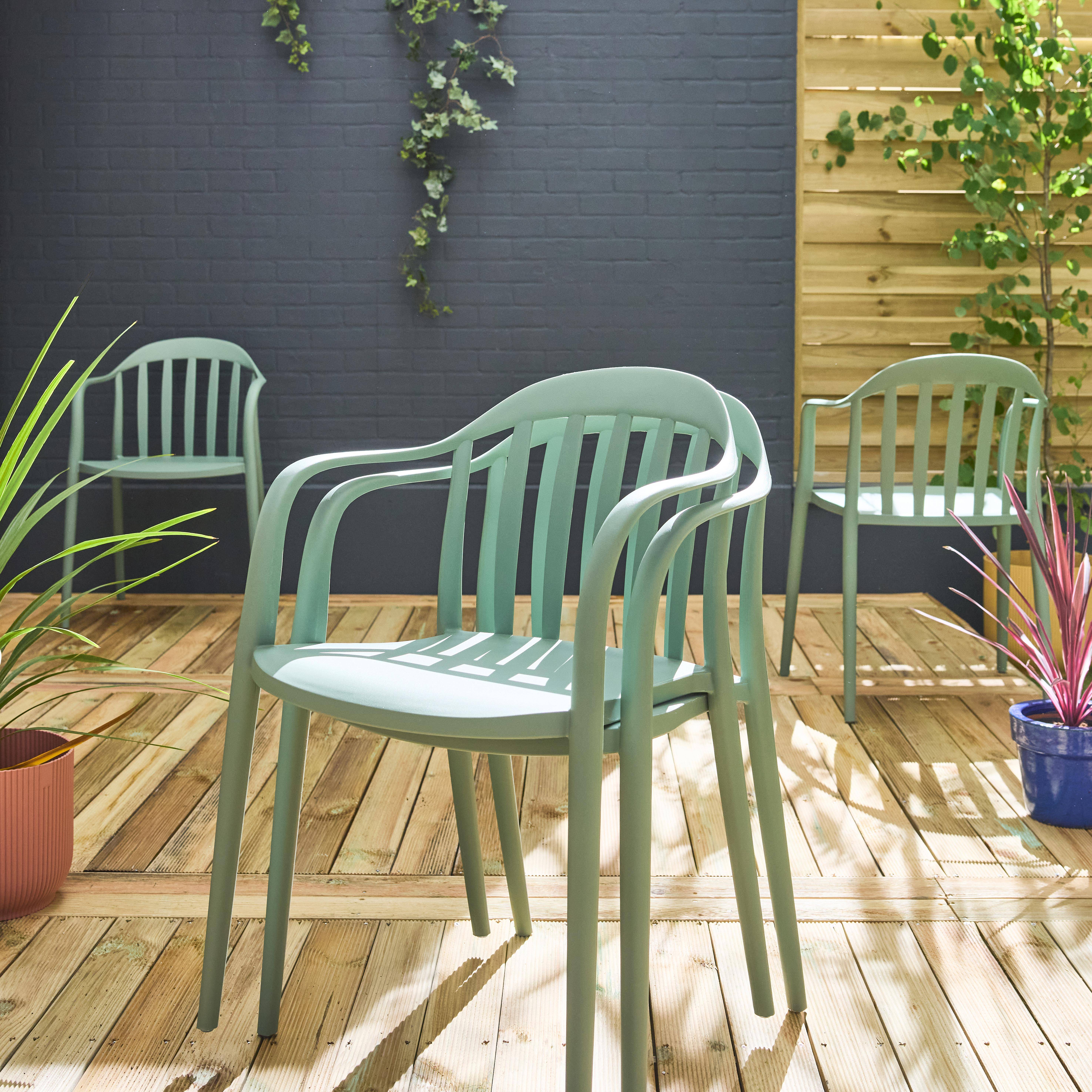 Lot de 4 fauteuils de jardin plastique vert de gris, empilables  Photo2