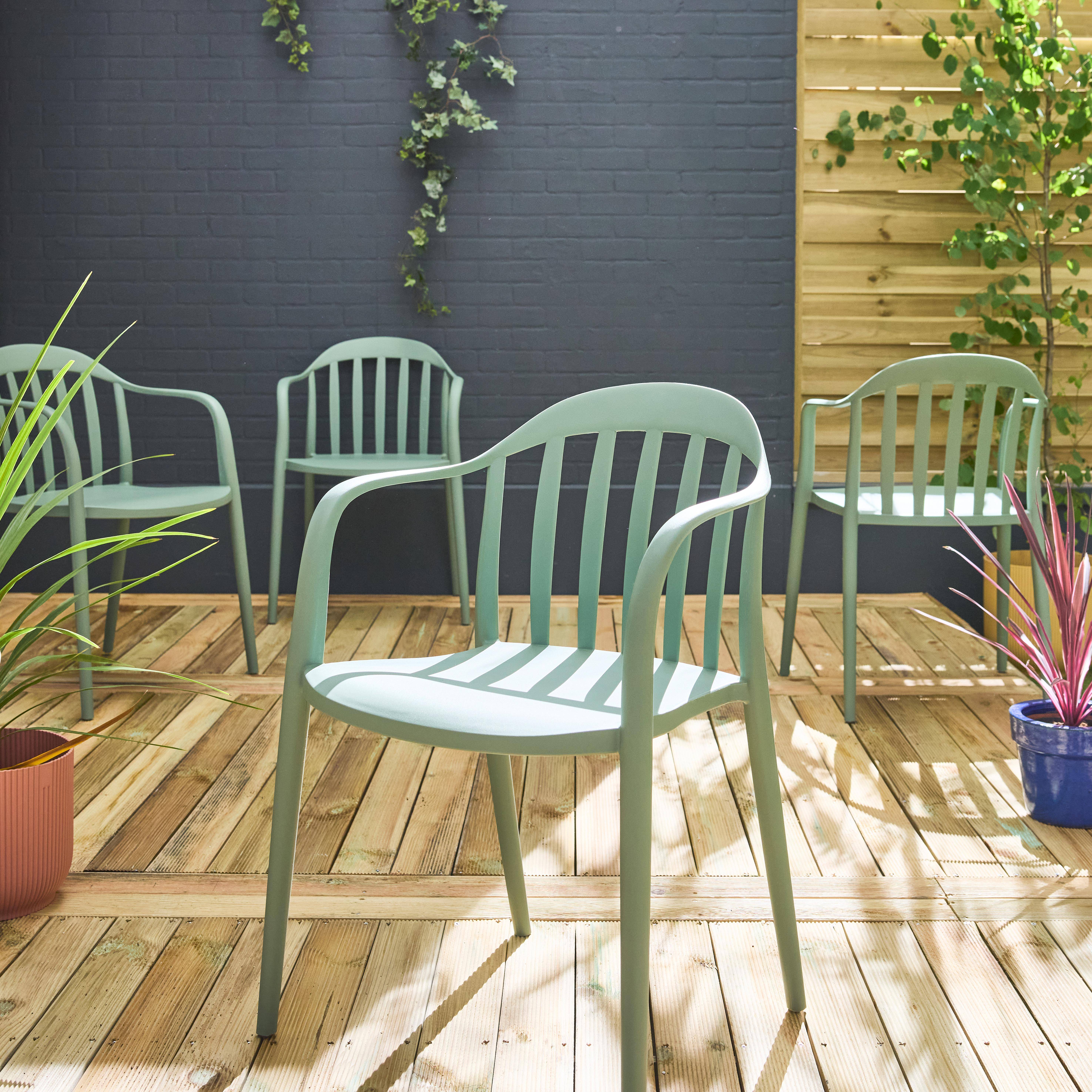 Lot de 4 fauteuils de jardin plastique vert de gris, empilables ,sweeek,Photo1