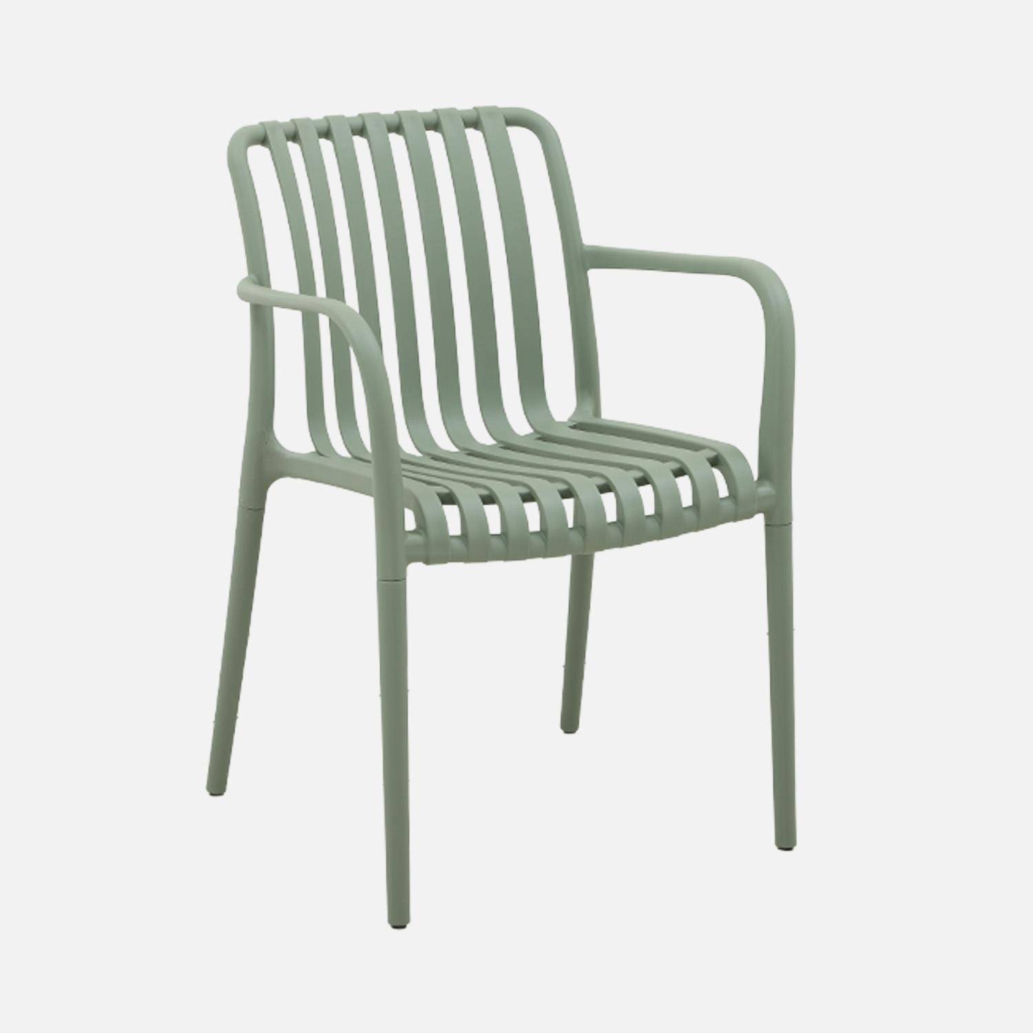 Lot de 4 fauteuils de jardin en plastique vert de gris, empilables, design linéaire  Photo4