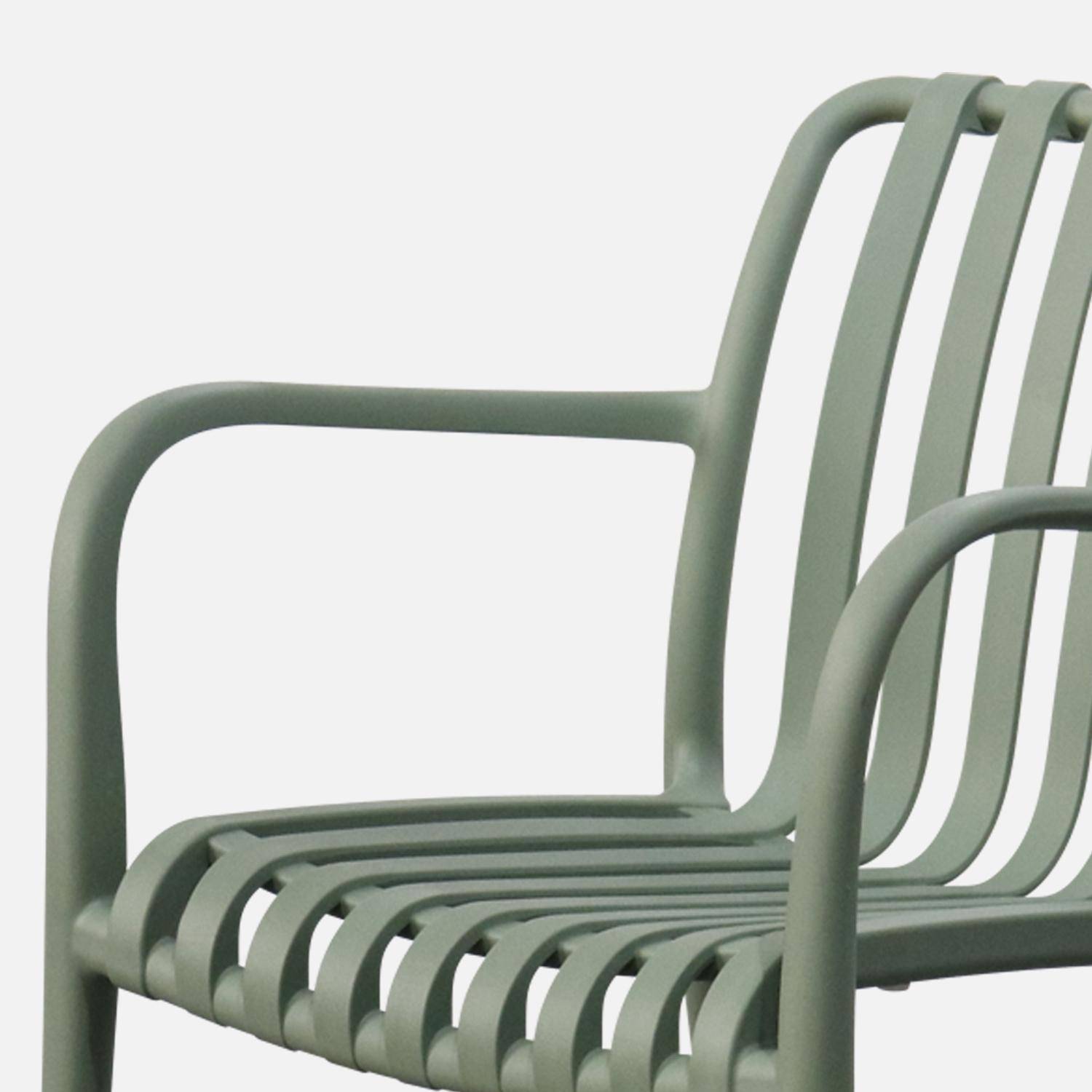 Lot de 4 fauteuils de jardin en plastique vert de gris, empilables, design linéaire ,sweeek,Photo4