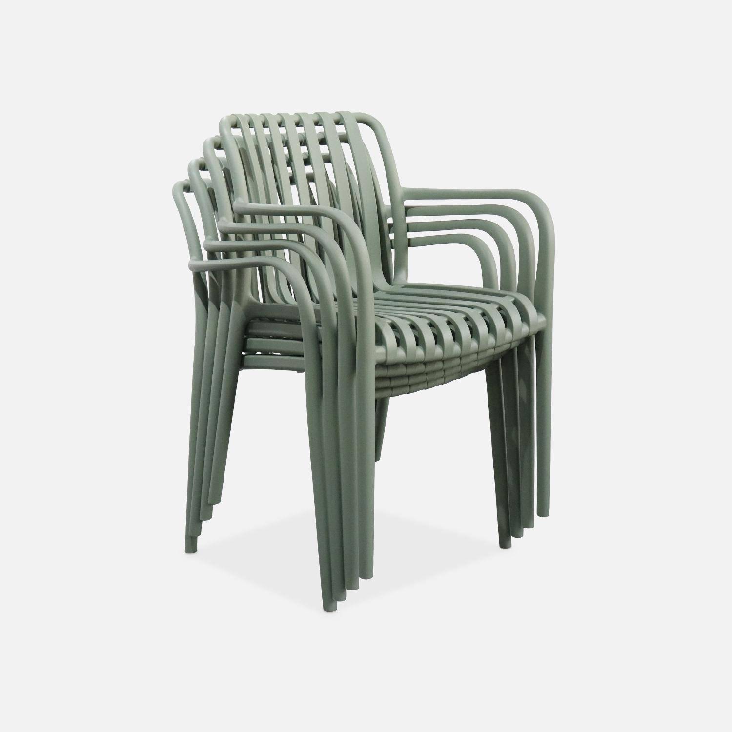 Set van 4 grijsgroene kunststof tuinstoelen, stapelbaar, lineair ontwerp, armleuning,sweeek,Photo5