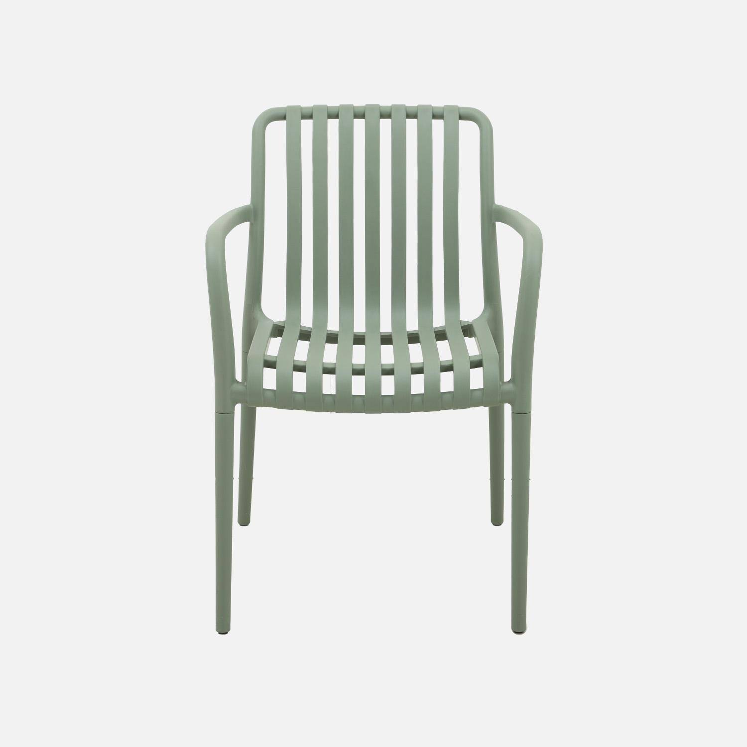 Lot de 4 fauteuils de jardin en plastique vert de gris, empilables, design linéaire  Photo5