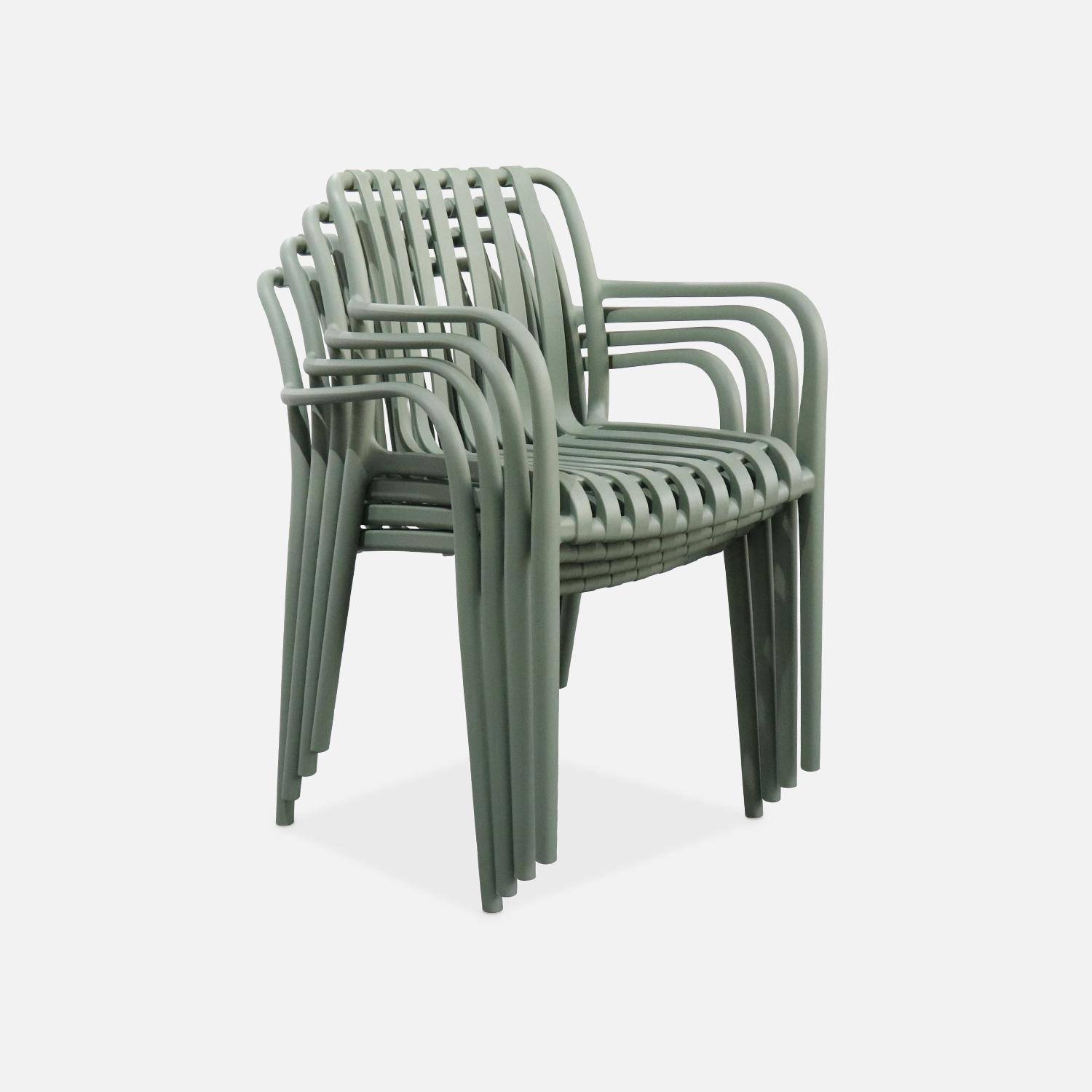 Lot de 4 fauteuils de jardin en plastique vert de gris, empilables, design linéaire  Photo3