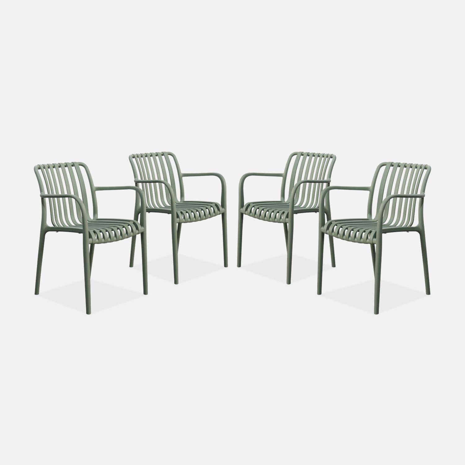 Lot de 4 fauteuils de jardin en plastique vert de gris, empilables, design linéaire ,sweeek,Photo1