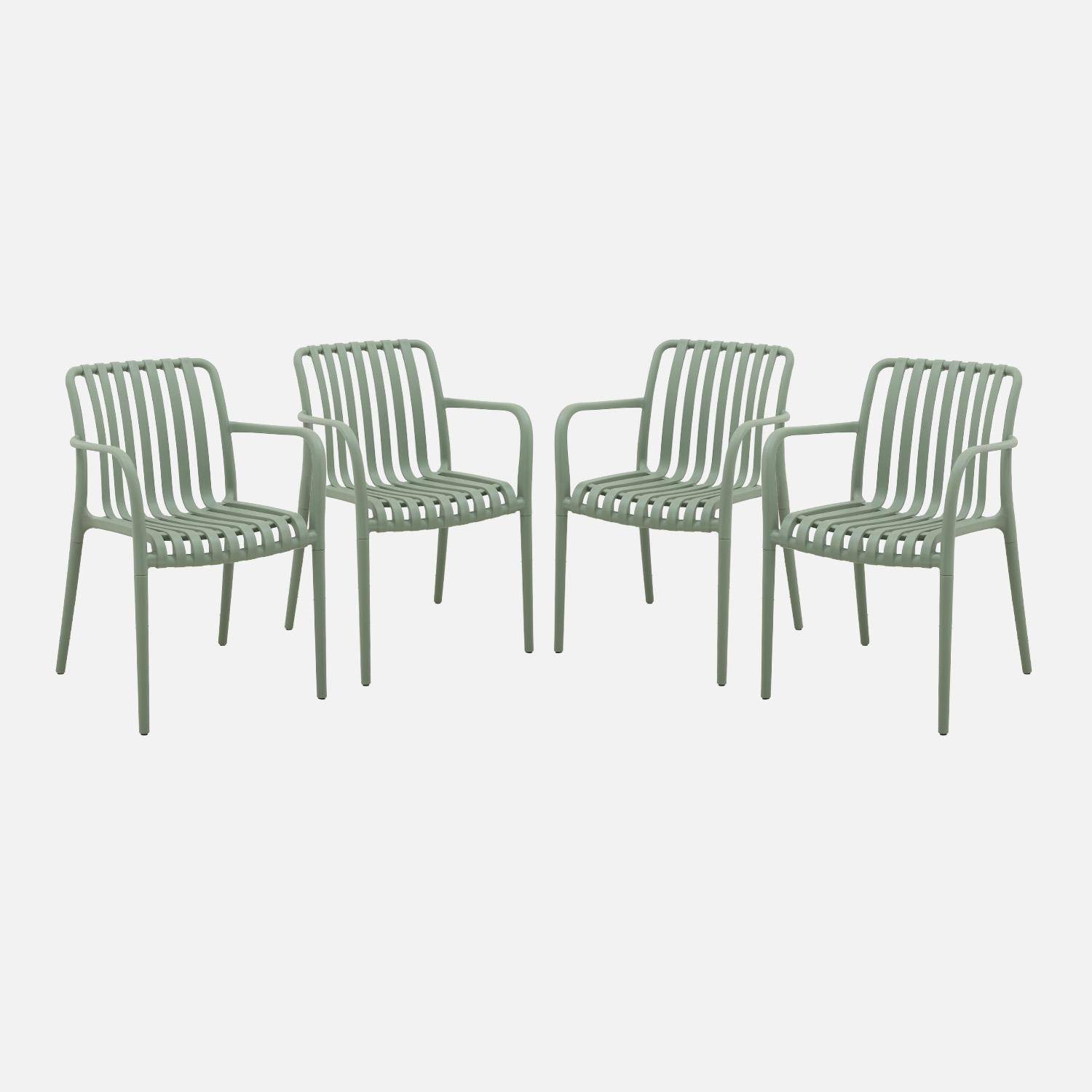Lot de 4 fauteuils de jardin en plastique vert de gris, empilables, design linéaire ,sweeek,Photo3