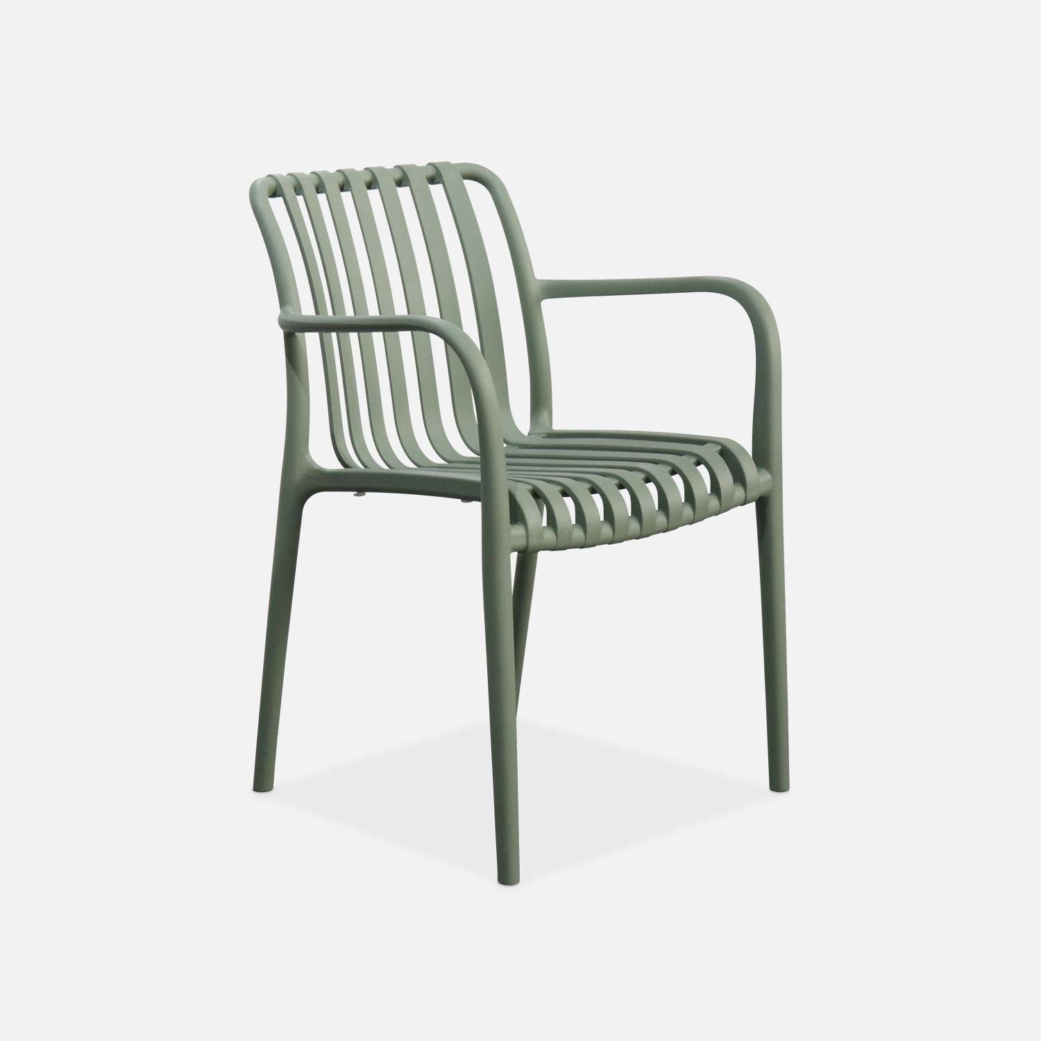 Lot de 4 fauteuils de jardin en plastique vert de gris, empilables, design linéaire ,sweeek,Photo2