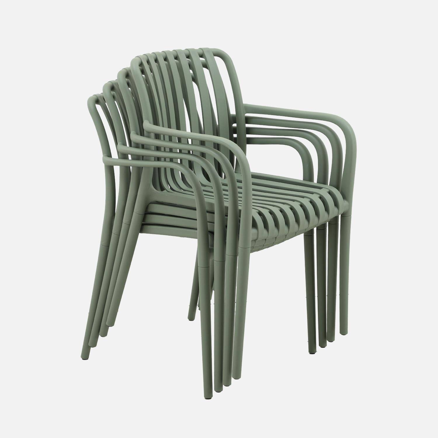 Lot de 4 fauteuils de jardin en plastique vert de gris, empilables, design linéaire ,sweeek,Photo6