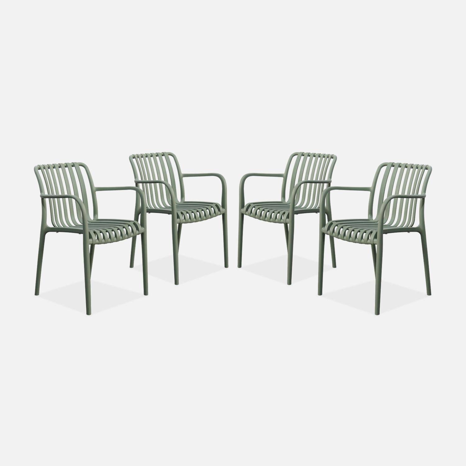 Set van 4 grijsgroene kunststof tuinstoelen, stapelbaar, lineair ontwerp, armleuning Photo3