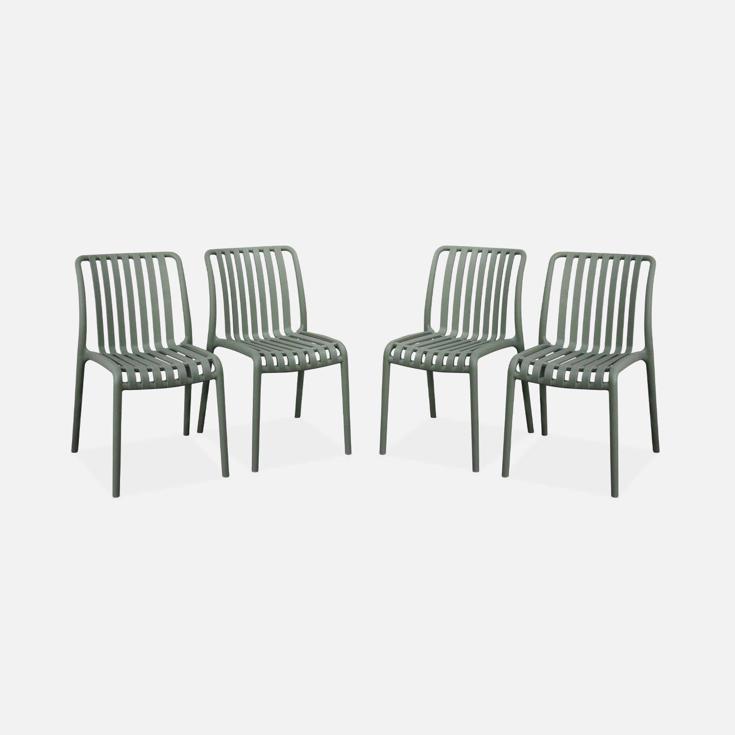 Lot de 4 chaises de jardin en plastique vert de gris, empilables, déjà montées,sweeek,Photo1