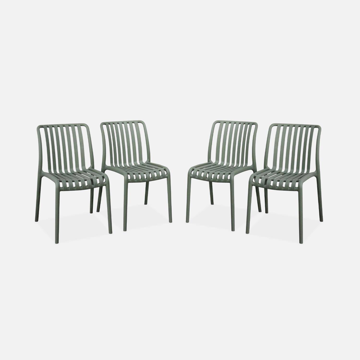 Lot de 4 chaises de jardin en plastique vert de gris, empilables, déjà montées,sweeek,Photo3