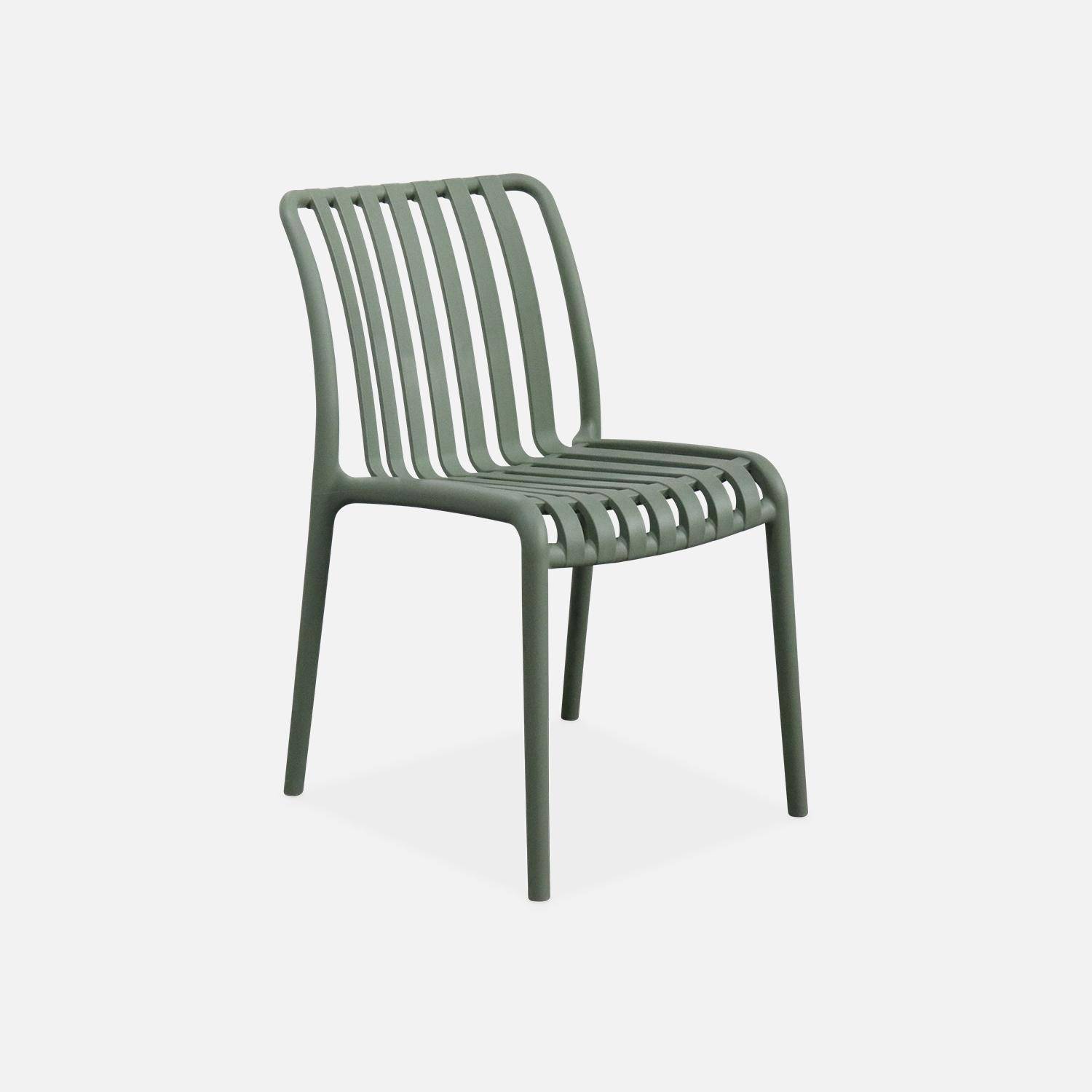 Lot de 4 chaises de jardin en plastique vert de gris, empilables, déjà montées,sweeek,Photo4