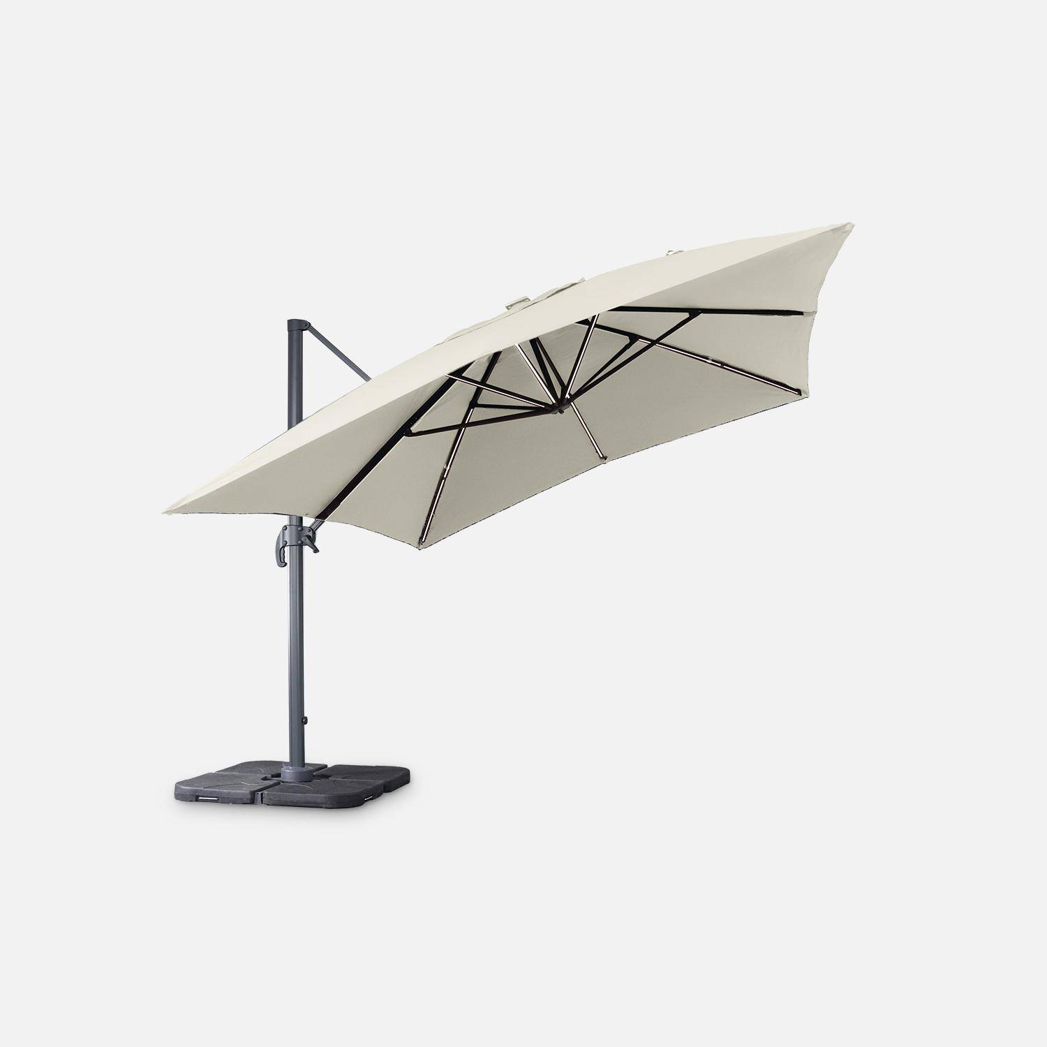 Premium quality rectangular 3x4m cantilever parasol with solar-powered integrated LED lights - Cantilever parasol, tiltable, foldable with 360° rotation, solar charging, cover included - Luce - Beige,sweeek,Photo3