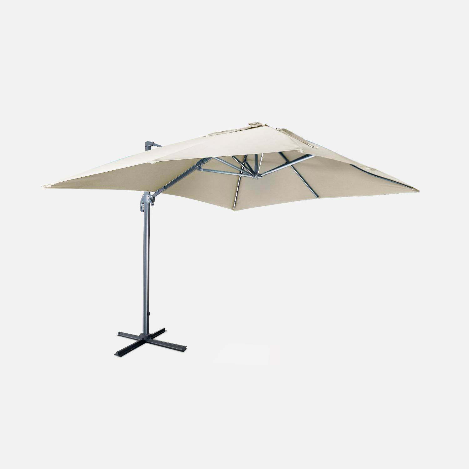 Premium quality rectangular 3x4m cantilever parasol with solar-powered integrated LED lights - Cantilever parasol, tiltable, foldable with 360° rotation, solar charging, cover included - Luce - Beige,sweeek,Photo1