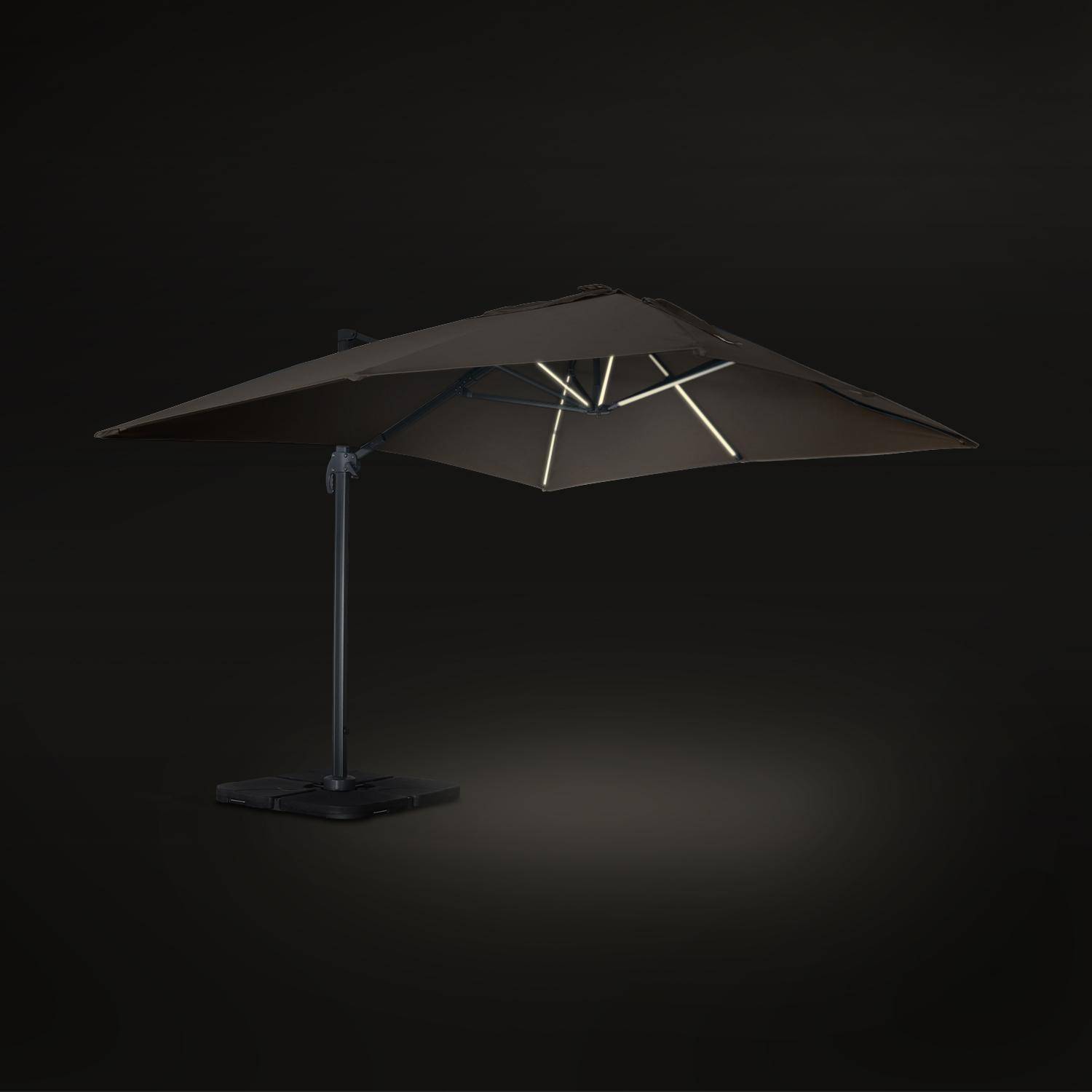 Premium quality rectangular 3x4m cantilever parasol with solar-powered integrated LED lights, tiltable, foldable , 360° rotation, cover included, beige,sweeek,Photo4