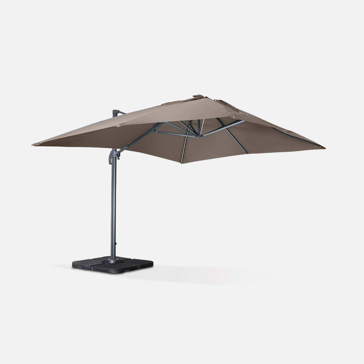 Premium quality rectangular 3x4m cantilever parasol with solar-powered integrated LED lights, tiltable, foldable , 360° rotation, cover included, beige,sweeek,Photo2