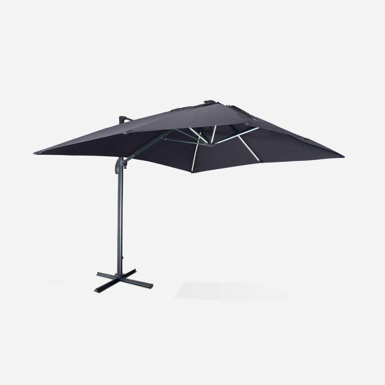 Rectangular 3x4m top-of-the-range LED solar umbrella - Luce Grey - Off-centre umbrella, tilts, folds and rotates 360°, solar charger,sweeek,Photo1