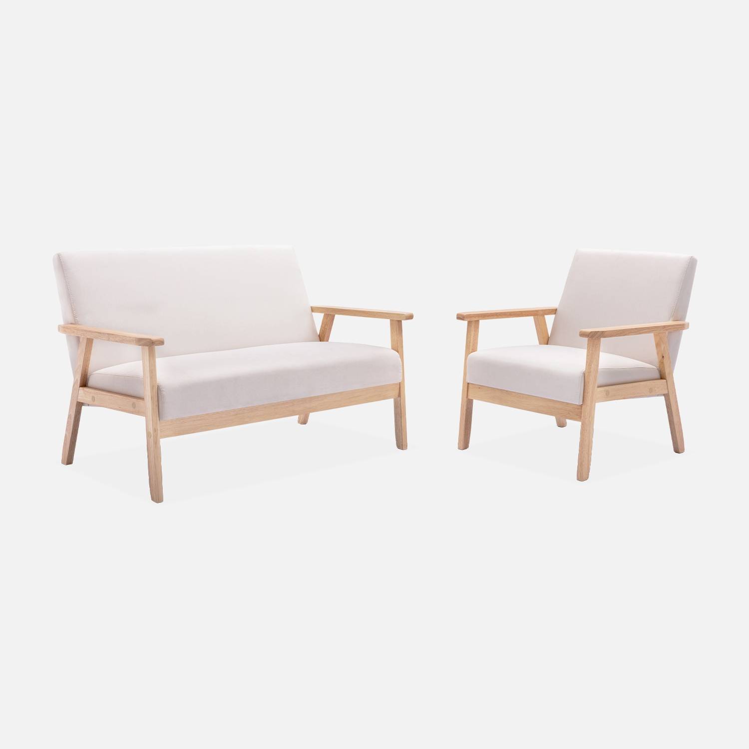 Scandi-style 2-seater sofa and armchair, wood and cream fabric | sweeek