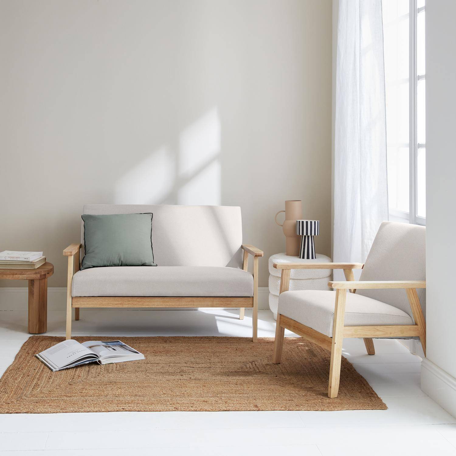Armchair and 2-seater sofa in hevea wood, Isak set, Beige, 114x69.5x73 cm Photo1