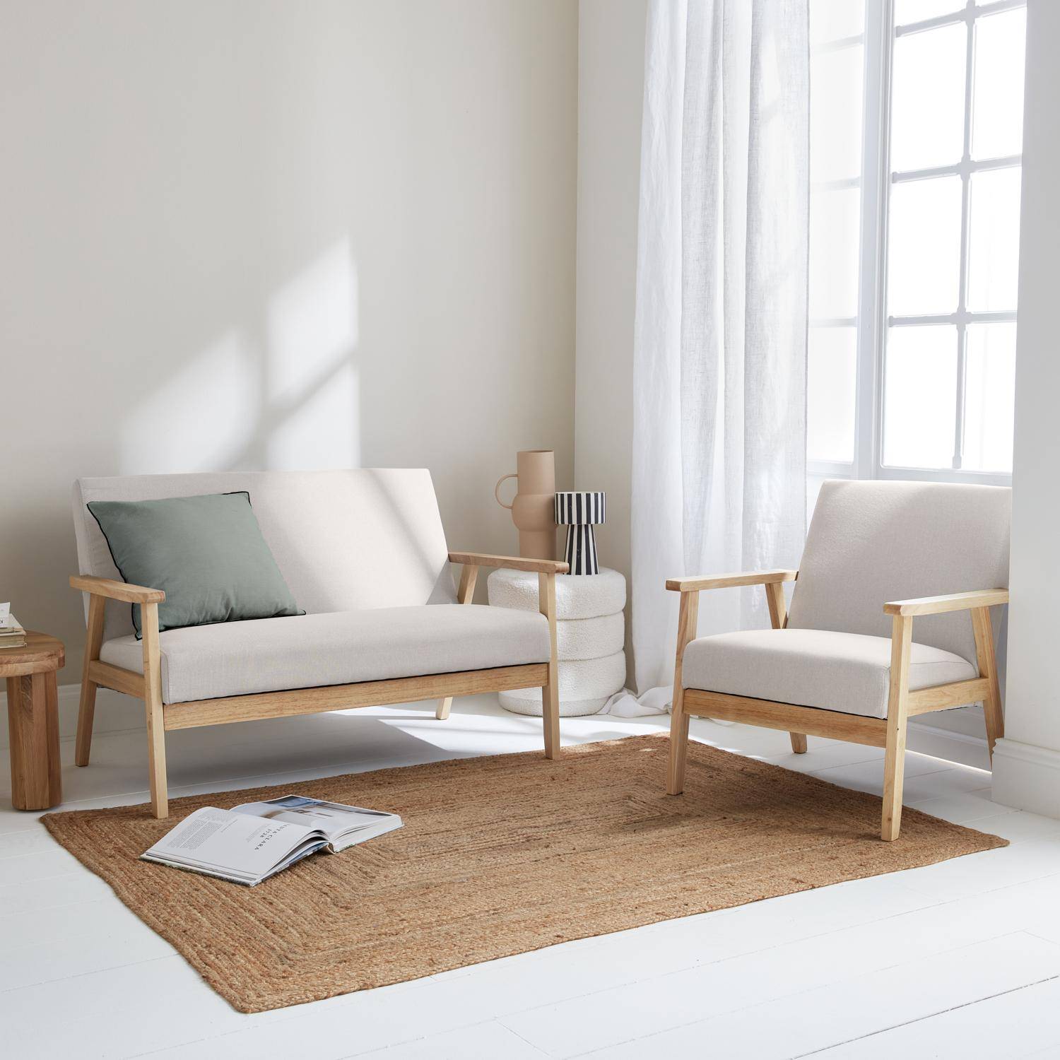 Scandi-style 2-seater sofa and armchair, wood and cream fabric, L114xW69.5xH73cm, Isak Photo2