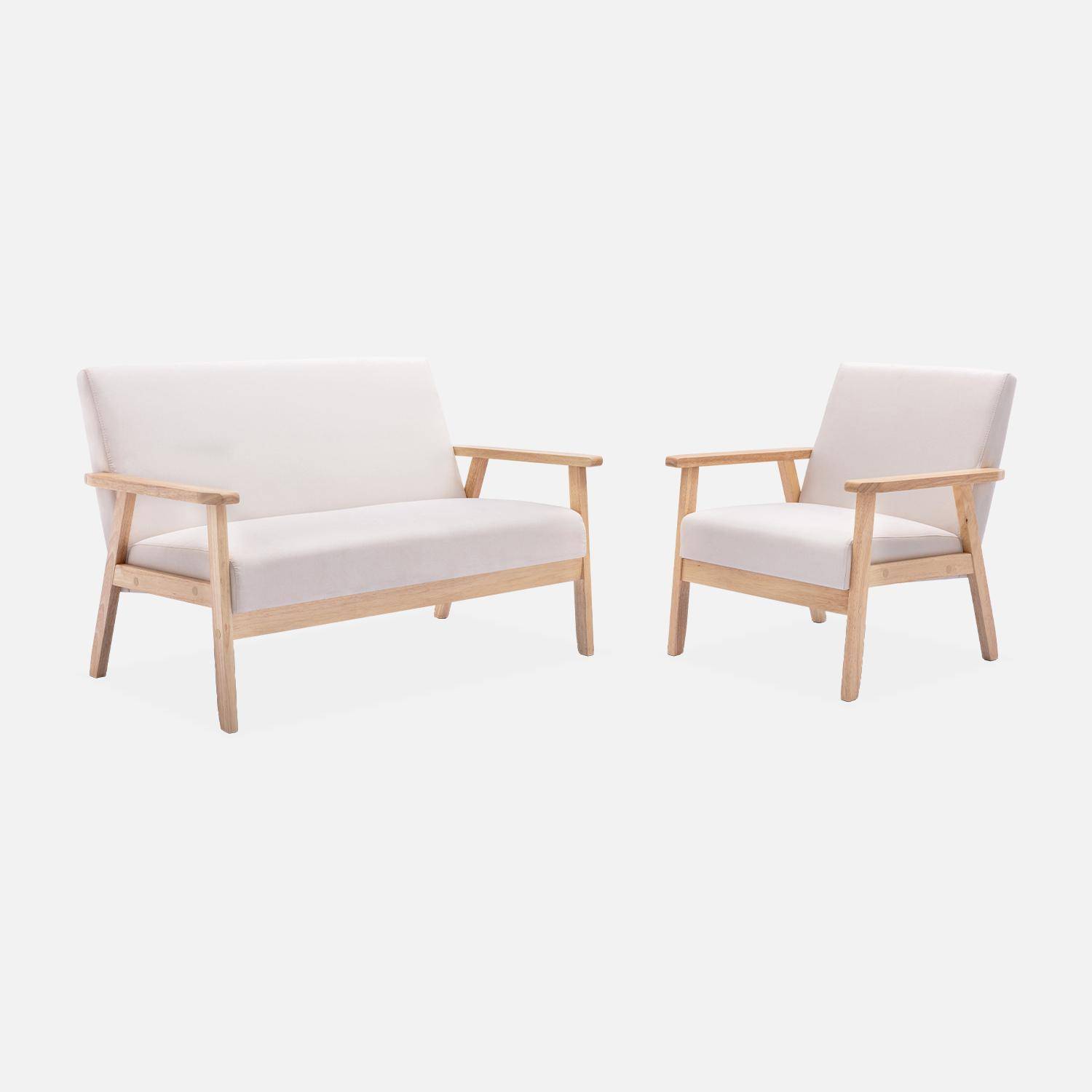 Scandi-style 2-seater sofa and armchair, wood and cream fabric, L114xW69.5xH73cm, Isak Photo3