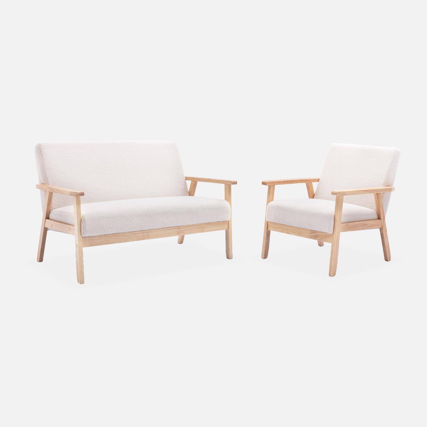 Scandi-style 2-seater sofa and armchair, wooden frame, white boucle, Isak Photo3