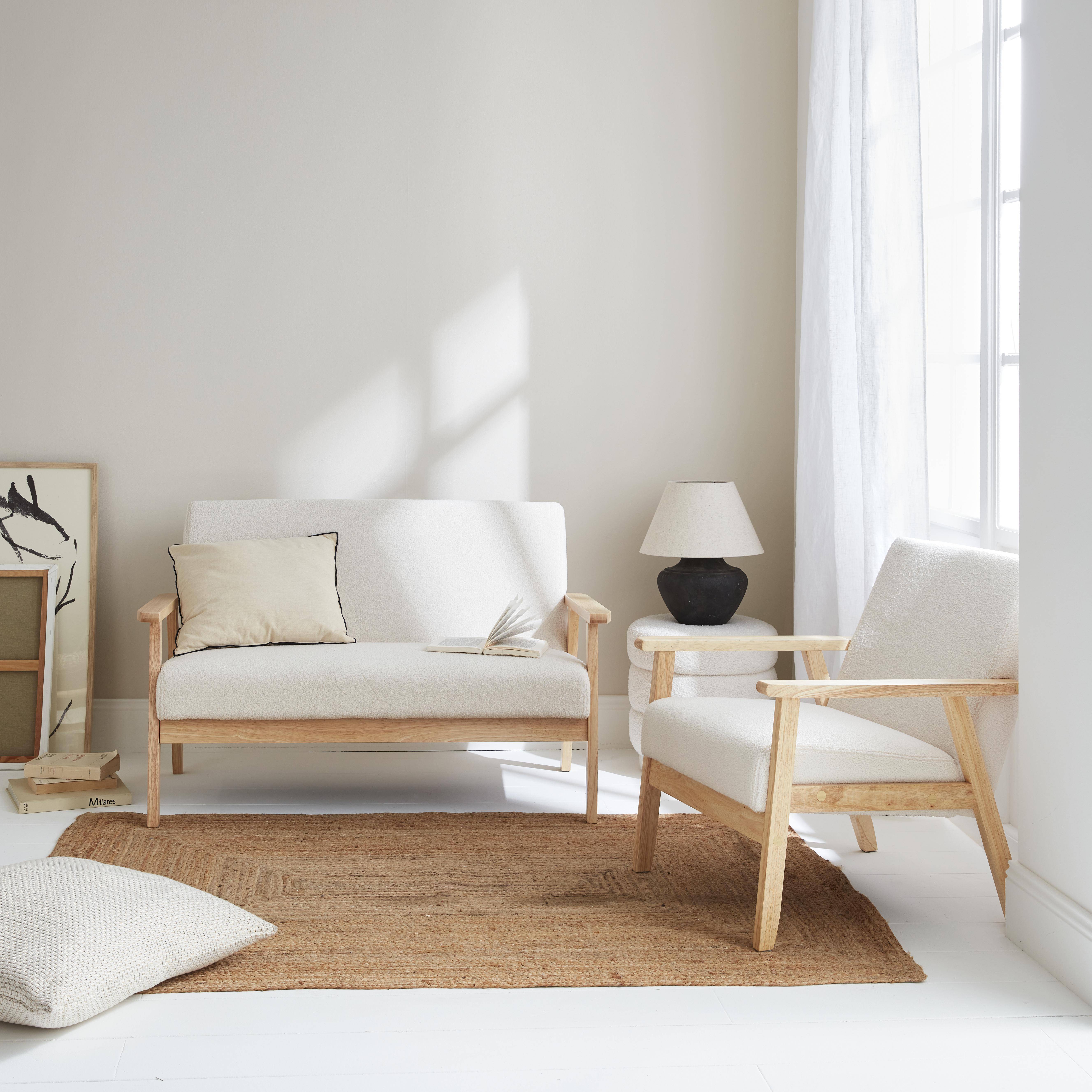 Scandi-style 2-seater sofa and armchair, wooden frame, white boucle, Isak,sweeek,Photo1