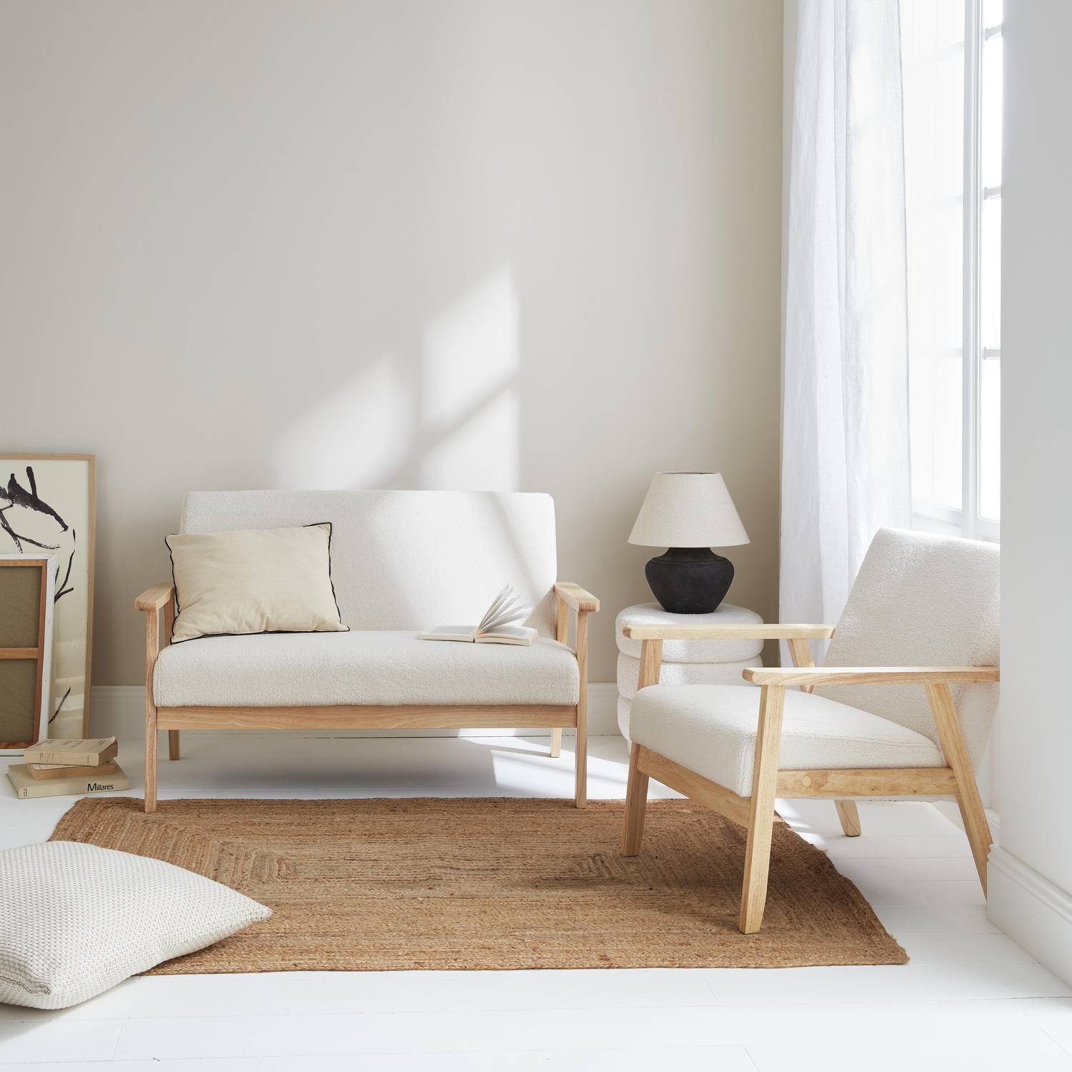 Scandi-style 2-seater sofa and armchair, wooden frame, white boucle, Isak Photo1