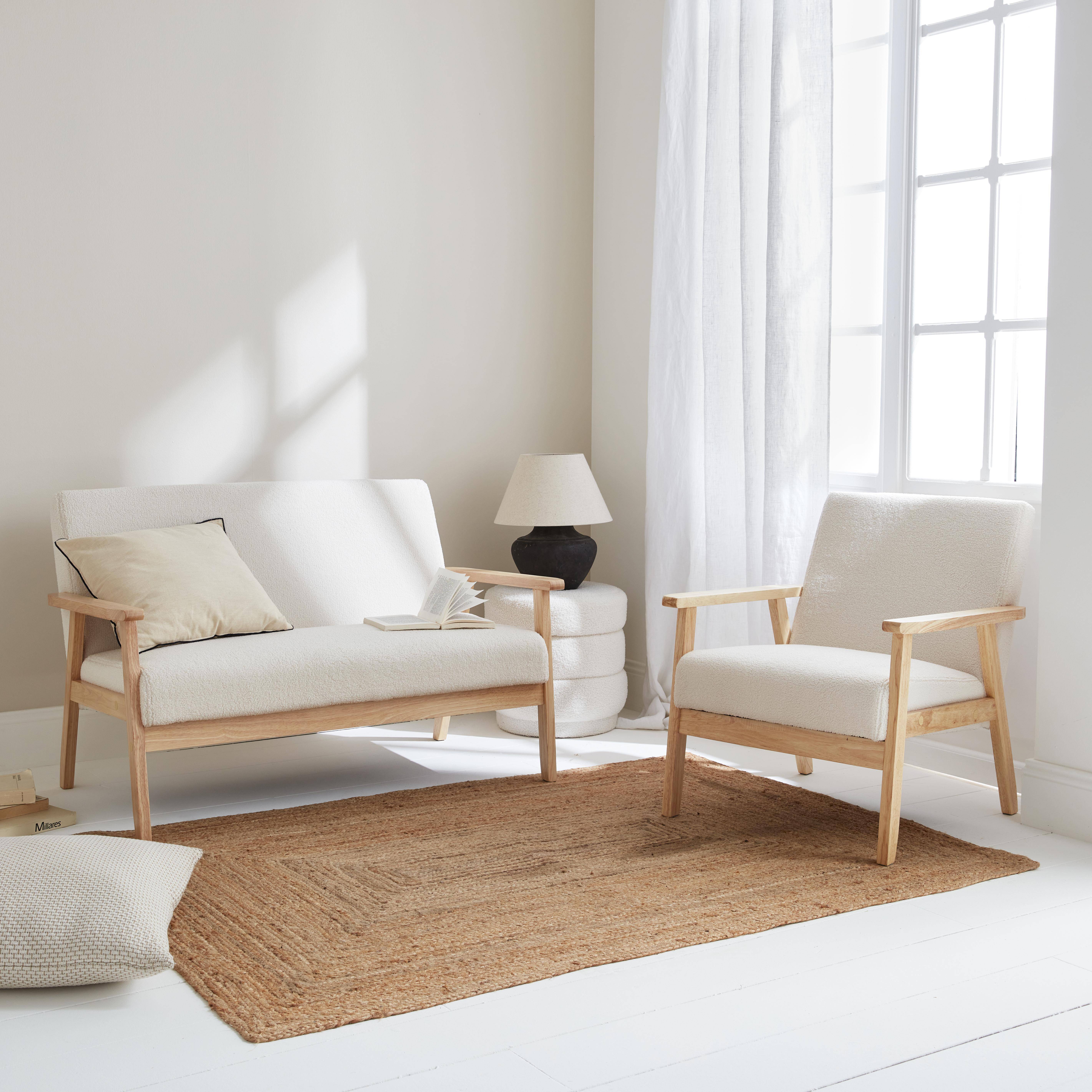 Scandi-style 2-seater sofa and armchair, wooden frame, white boucle, Isak Photo2