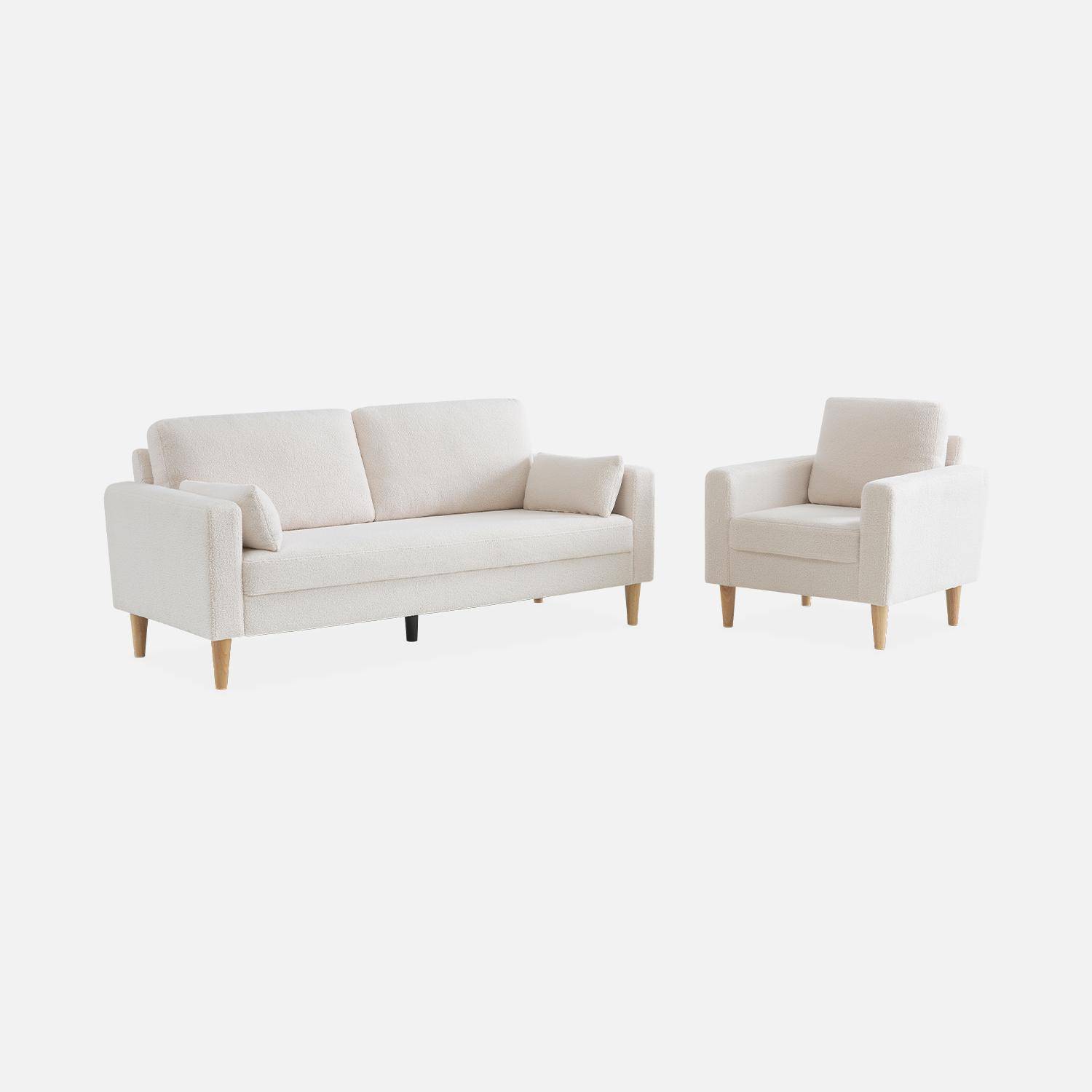 3-seater sofa Scandi-style and armchair with wooden legs, white boucle, Bjorn duo,sweeek,Photo3