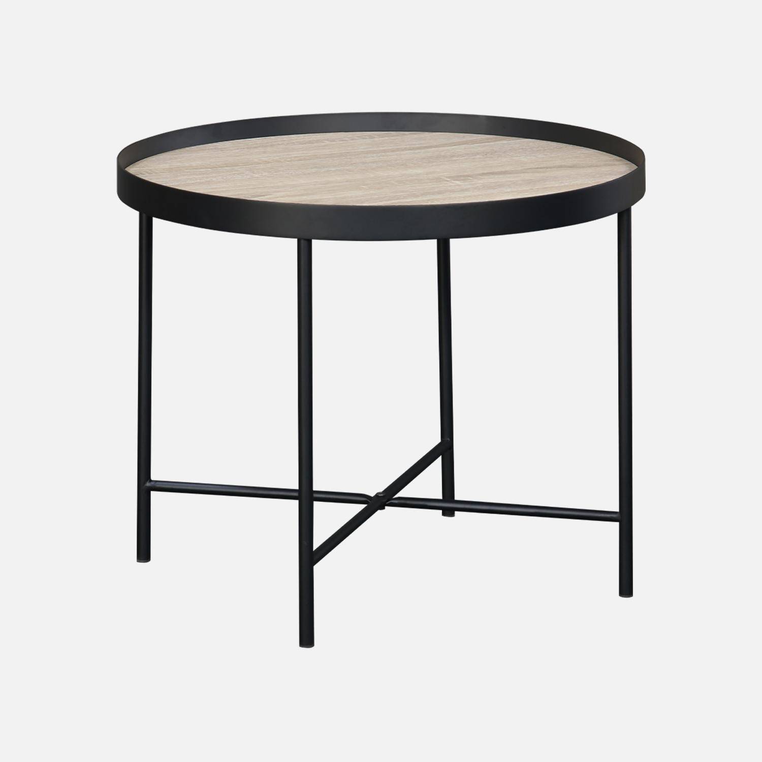 Conjunto de 2 práticas mesas redondas de encaixe em MDF com efeito de carvalho e pernas pretas Photo4