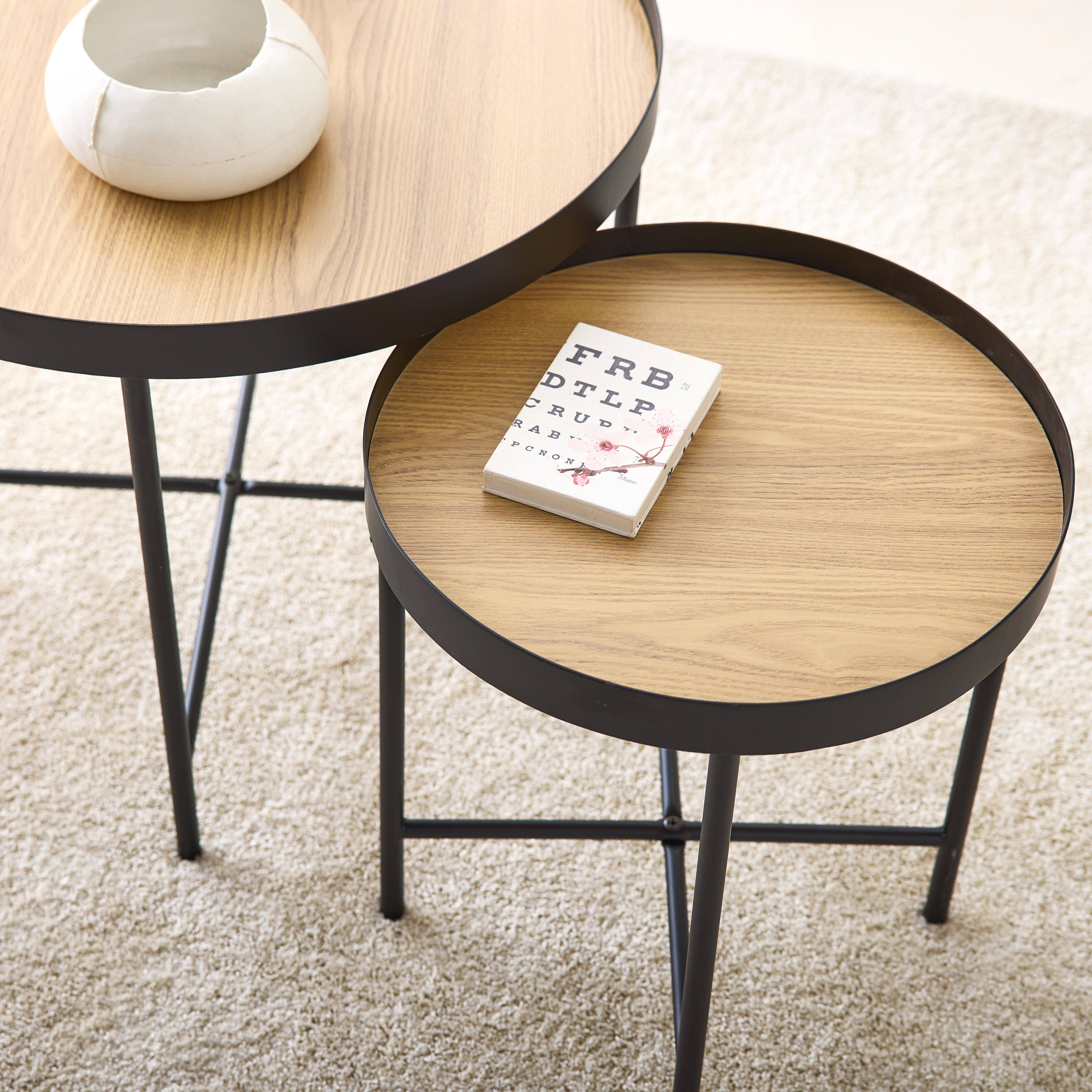 Set of 2 practical round nesting tables in oak-effect MDF with black legs,sweeek,Photo2