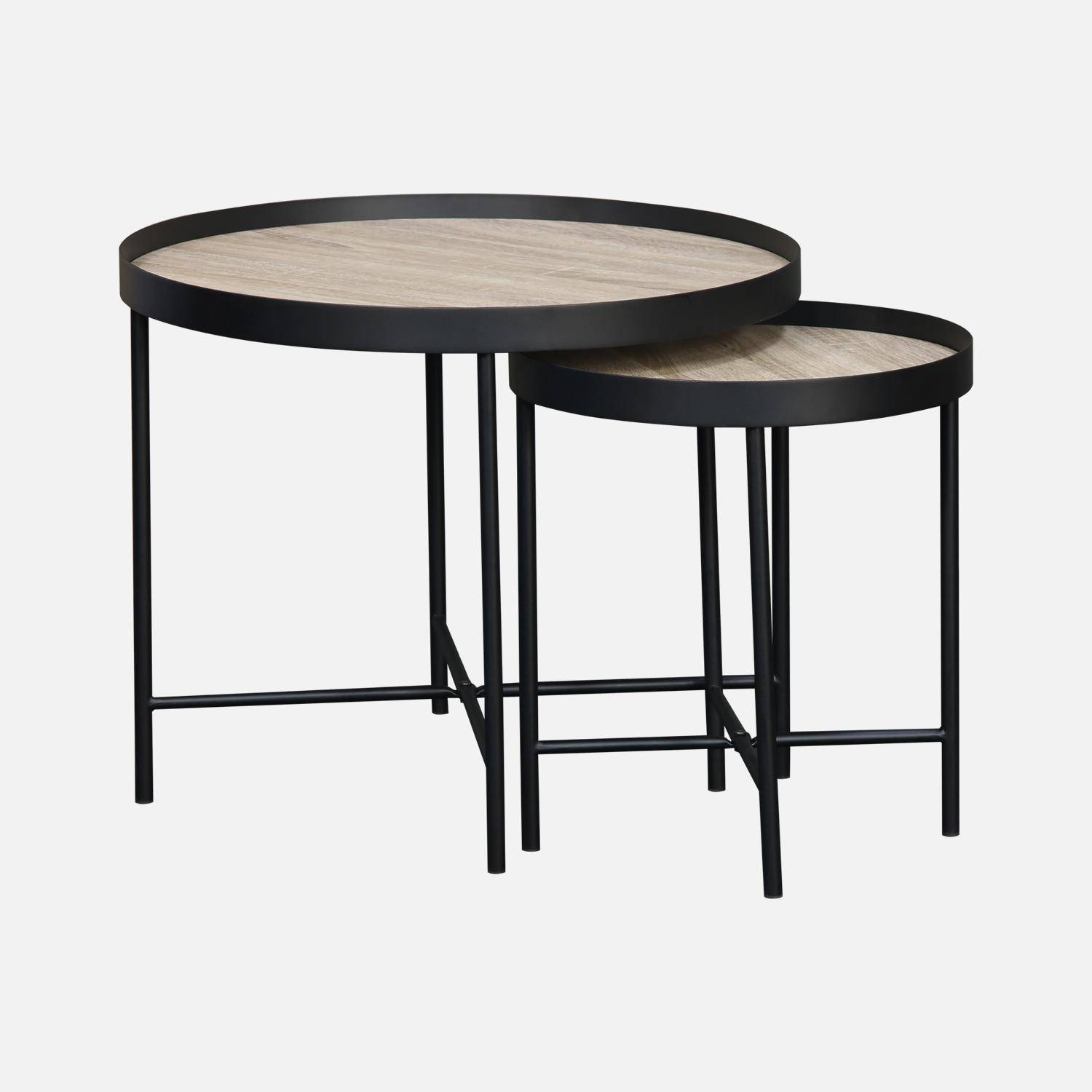 Set of 2 practical round nesting tables in oak-effect MDF with black legs Photo3