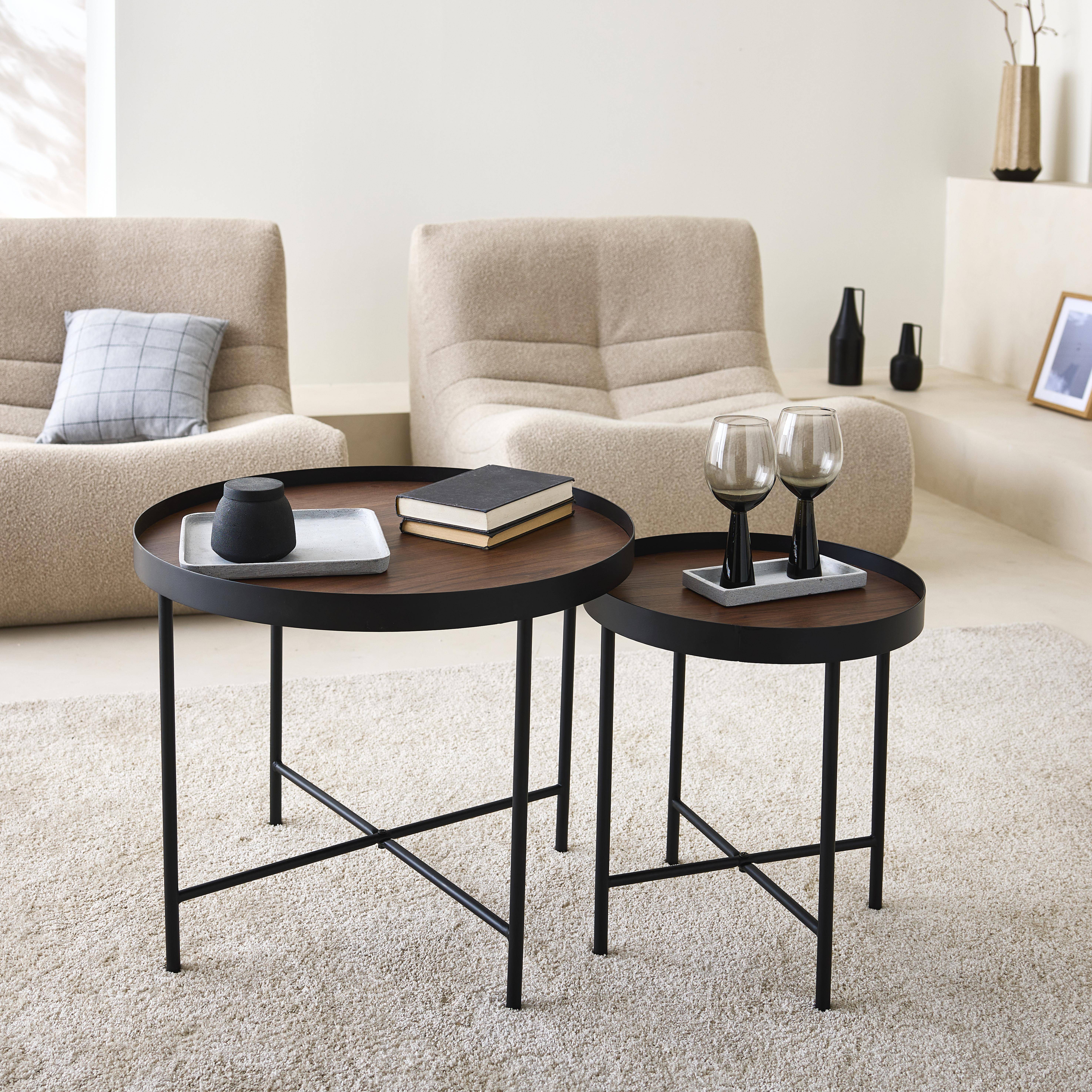 Set of 2 practical round nesting tables in walnut-effect MDF with black legs,sweeek,Photo1