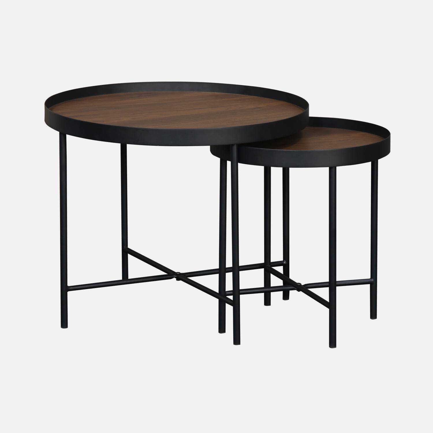 Set of 2 practical round nesting tables in walnut-effect MDF with black legs Photo3