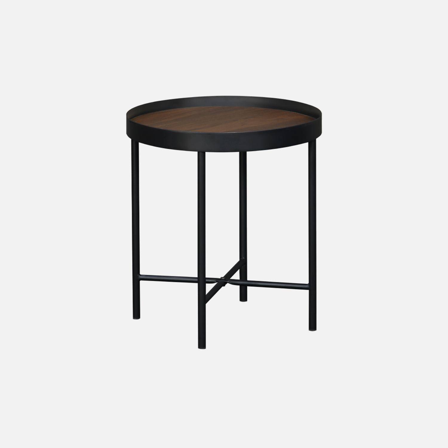 Conjunto de 2 práticas mesas redondas de encaixe em MDF com efeito de nogueira e pernas pretas Photo6