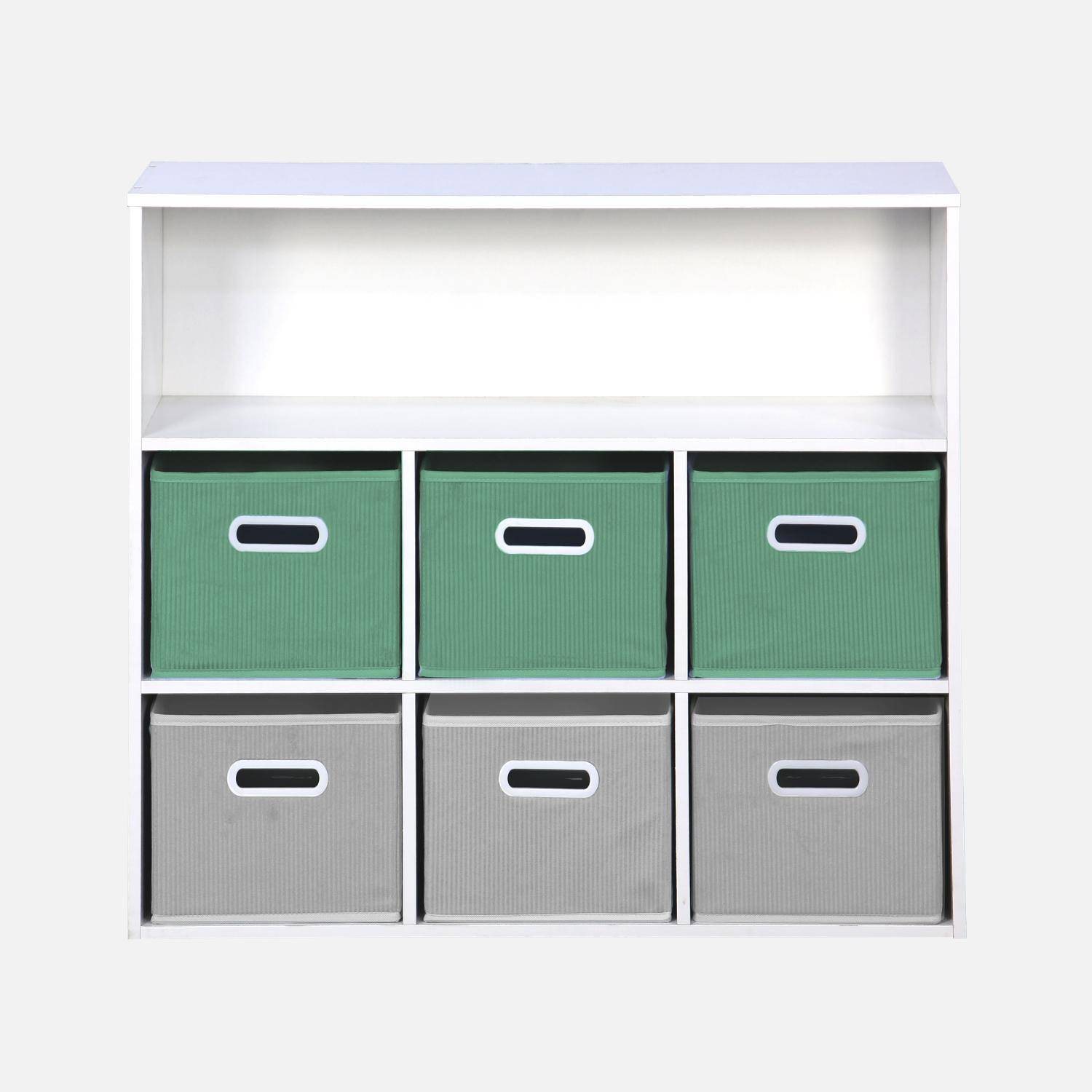 Storage unit for children with 7 compartments and 3 green baskets and 3 grey velvet baskets Photo2