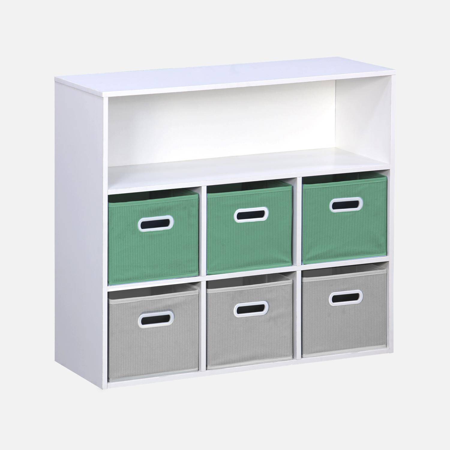 Storage unit for children with 7 compartments and 3 green baskets and 3 grey velvet baskets Photo1