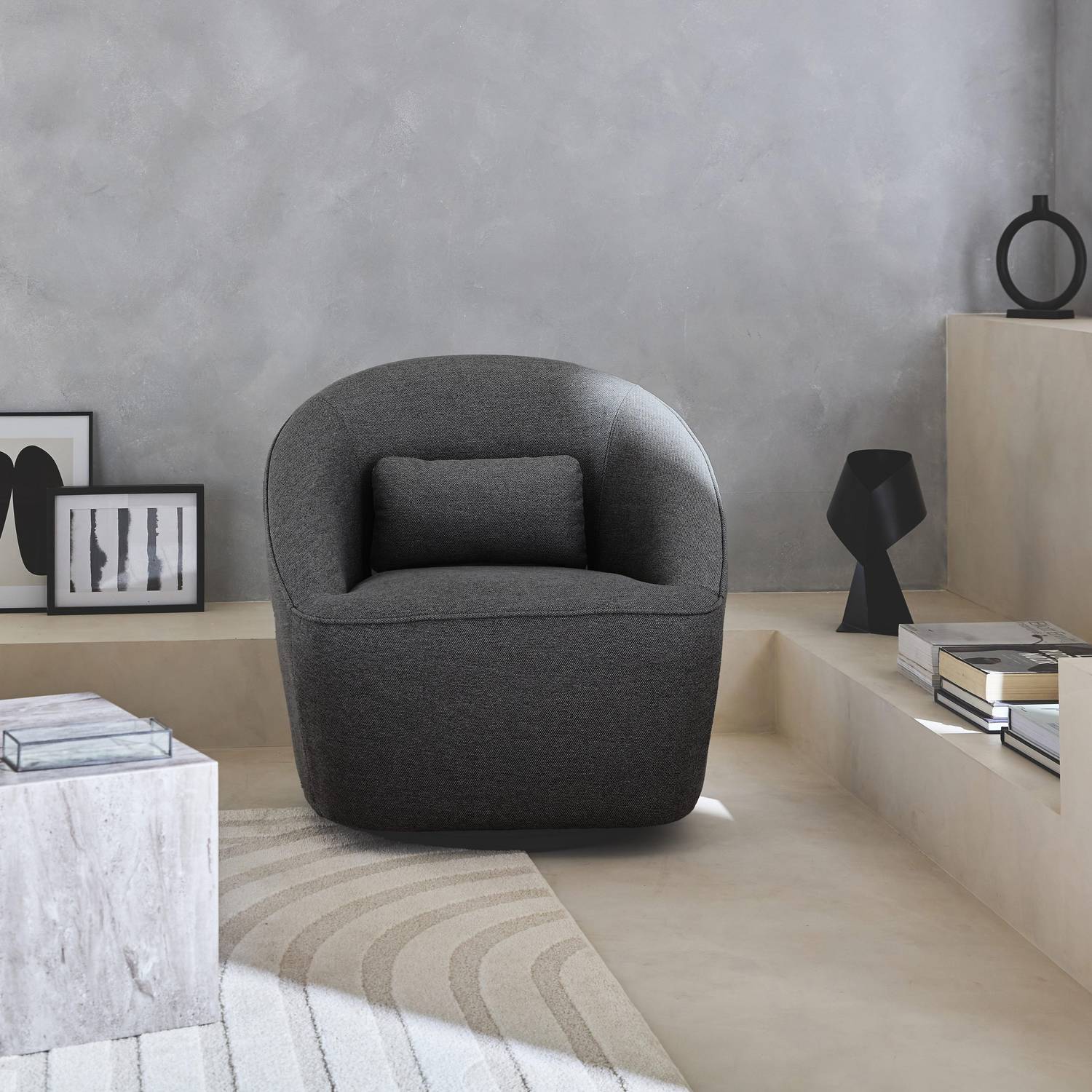 360° draaibare fauteuil, Lana, in donkergrijze stof, met kussen B 80 x D 73 x H 77cm Photo1