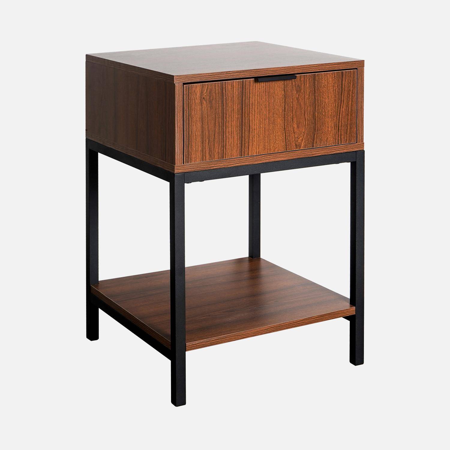 Walnut-coloured bedside table with black metal legs and handle - 1 drawer and 1 shelf,sweeek,Photo2