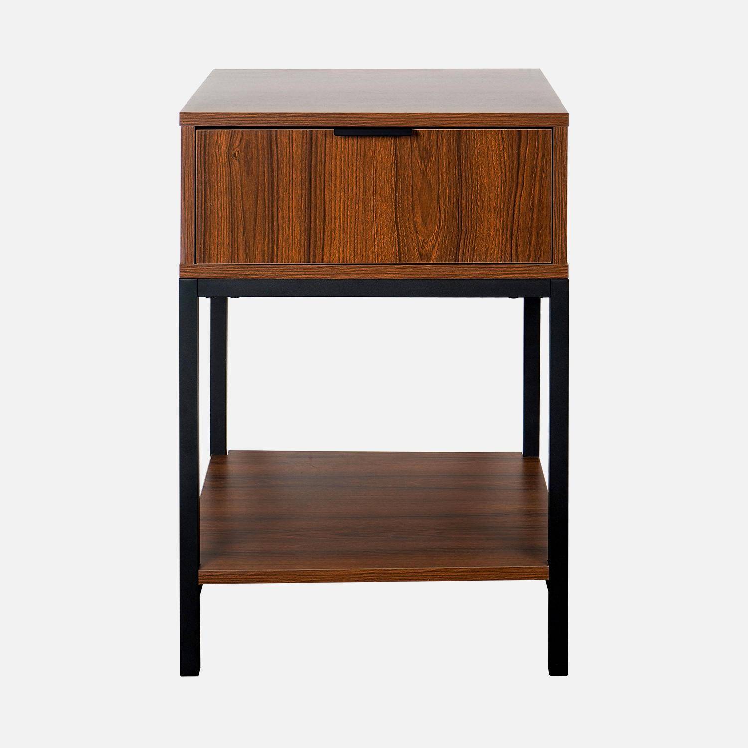 Walnut-coloured bedside table with black metal legs and handle - 1 drawer and 1 shelf,sweeek,Photo3