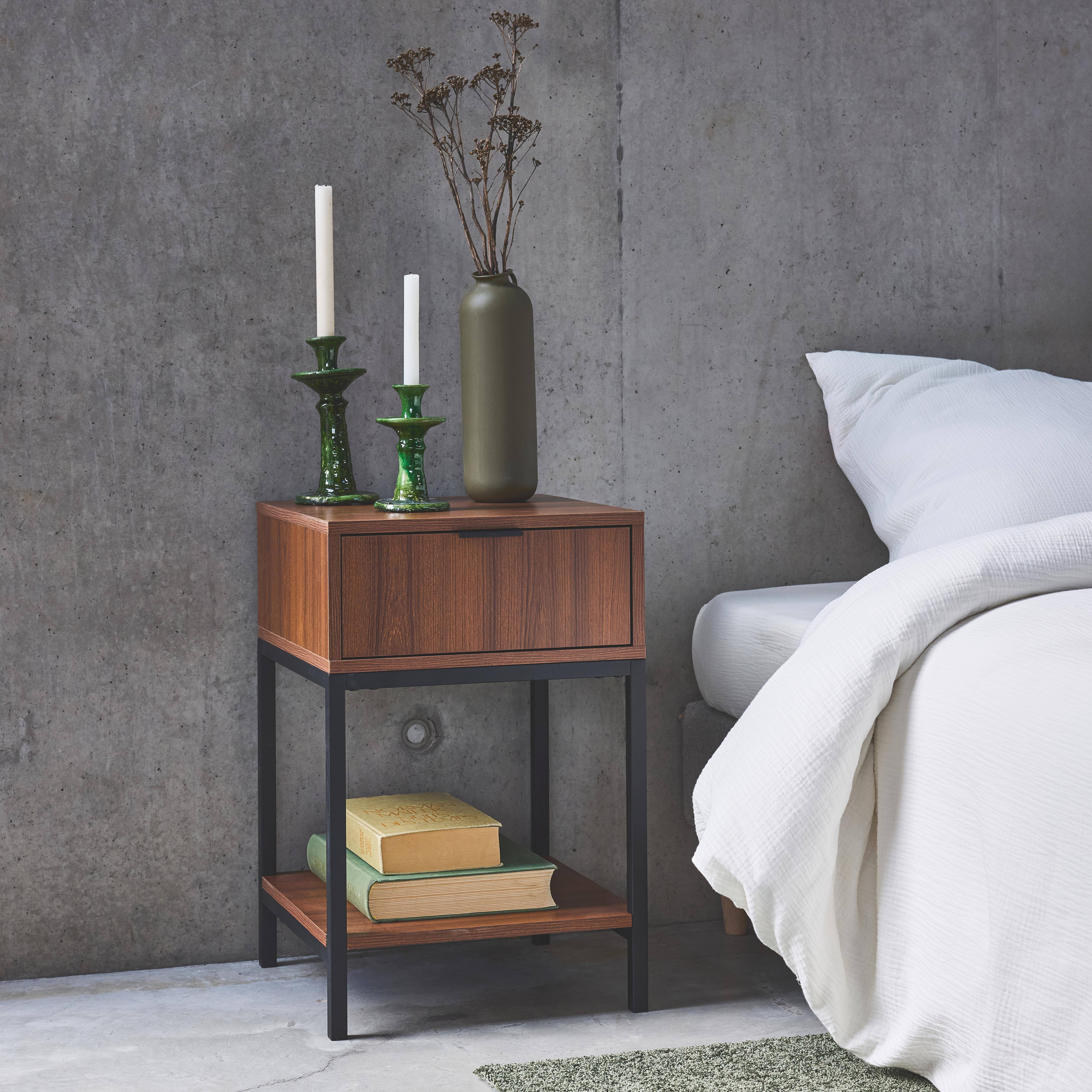 Walnut-coloured bedside table with black metal legs and handle - 1 drawer and 1 shelf,sweeek,Photo1