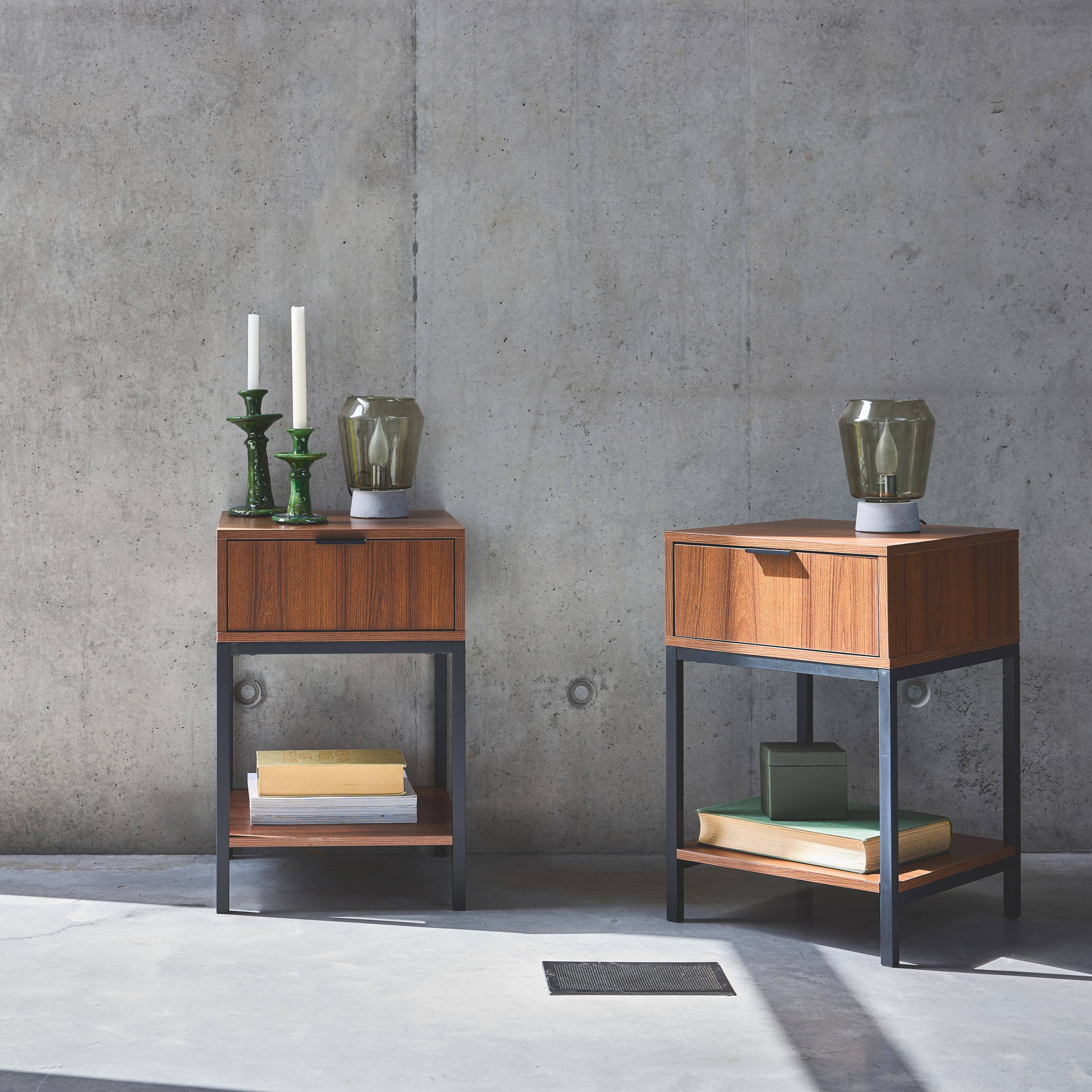 Pair of 1- drawer bedside tables in walnut and black metal, Walnut Pair of 1- drawer bedside tables in walnut and black metal, Walnut