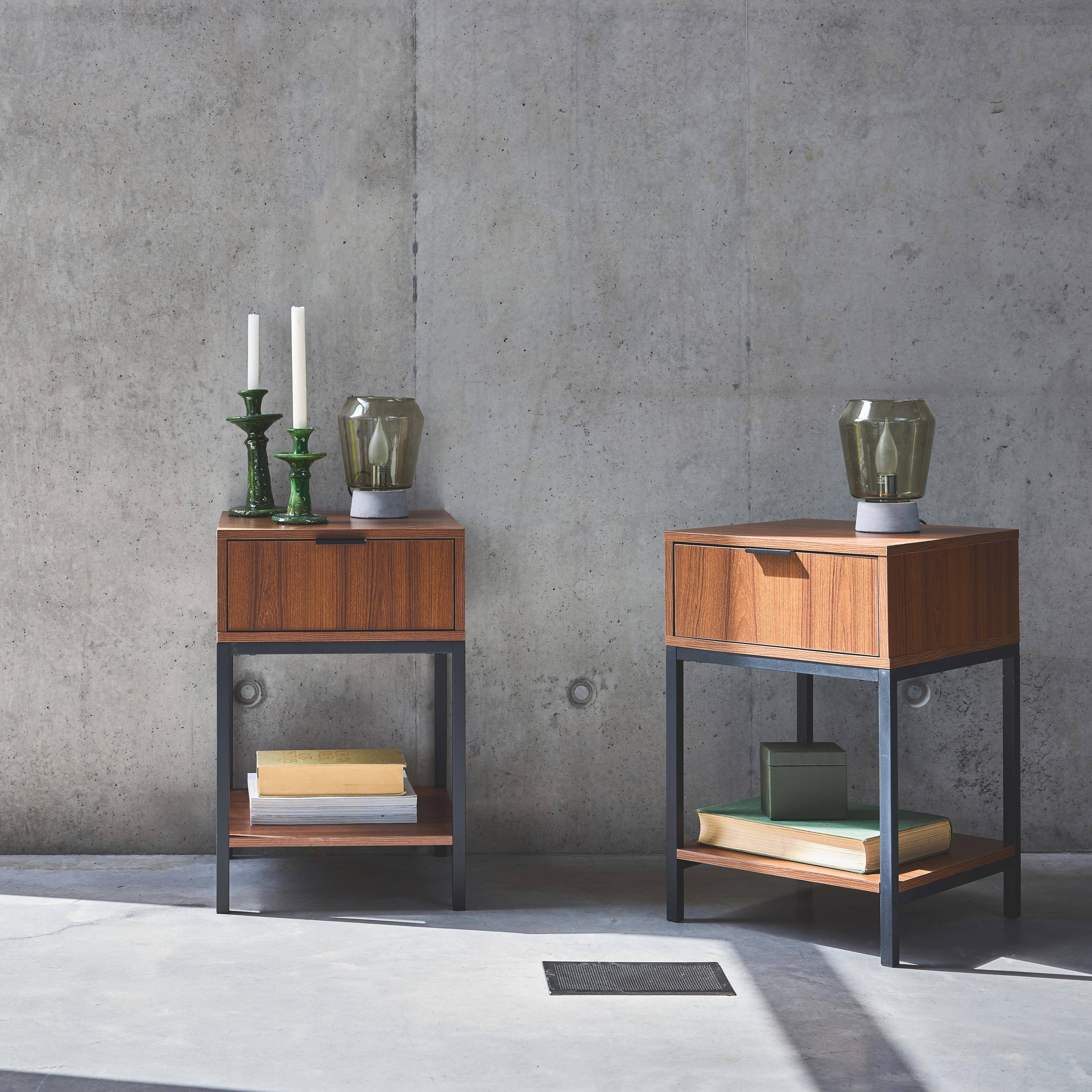 Set of two walnut bedside tables with black metal legs and handle - 1 drawer and 1 shelf,sweeek,Photo1