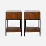 Set of two walnut bedside tables with black metal legs and handle - 1 drawer and 1 shelf Photo2